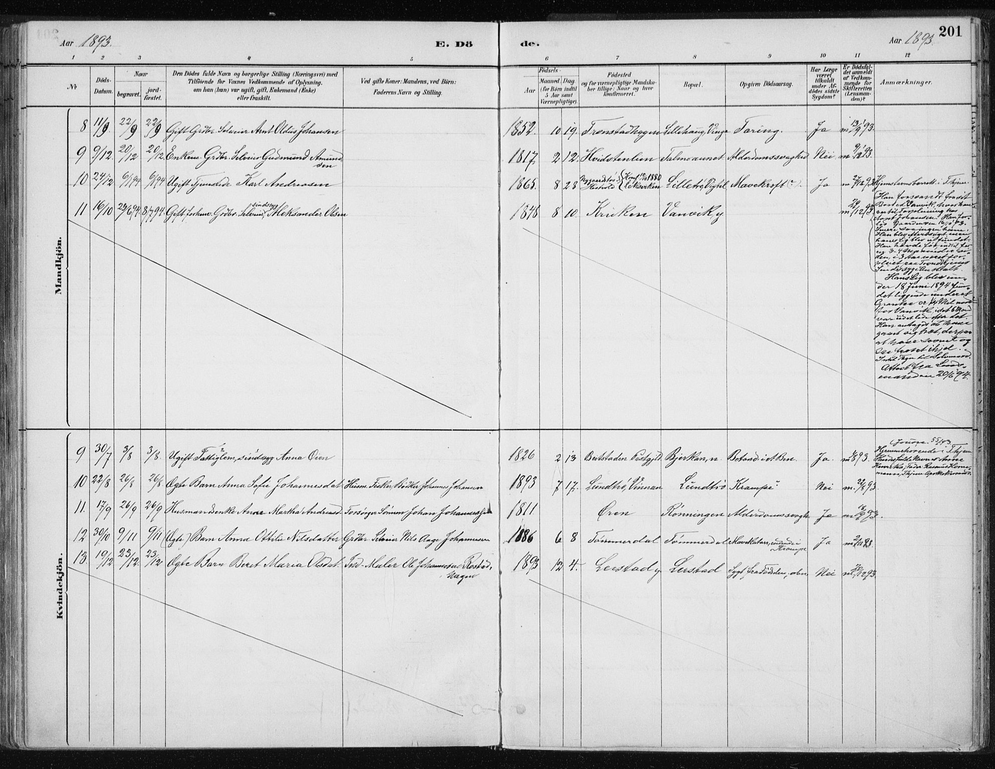 Ministerialprotokoller, klokkerbøker og fødselsregistre - Nord-Trøndelag, SAT/A-1458/701/L0010: Parish register (official) no. 701A10, 1883-1899, p. 201