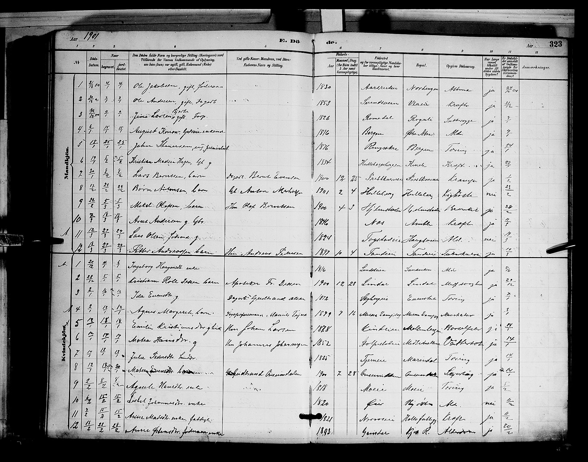 Ringsaker prestekontor, SAH/PREST-014/L/La/L0012: Parish register (copy) no. 12, 1891-1902, p. 323