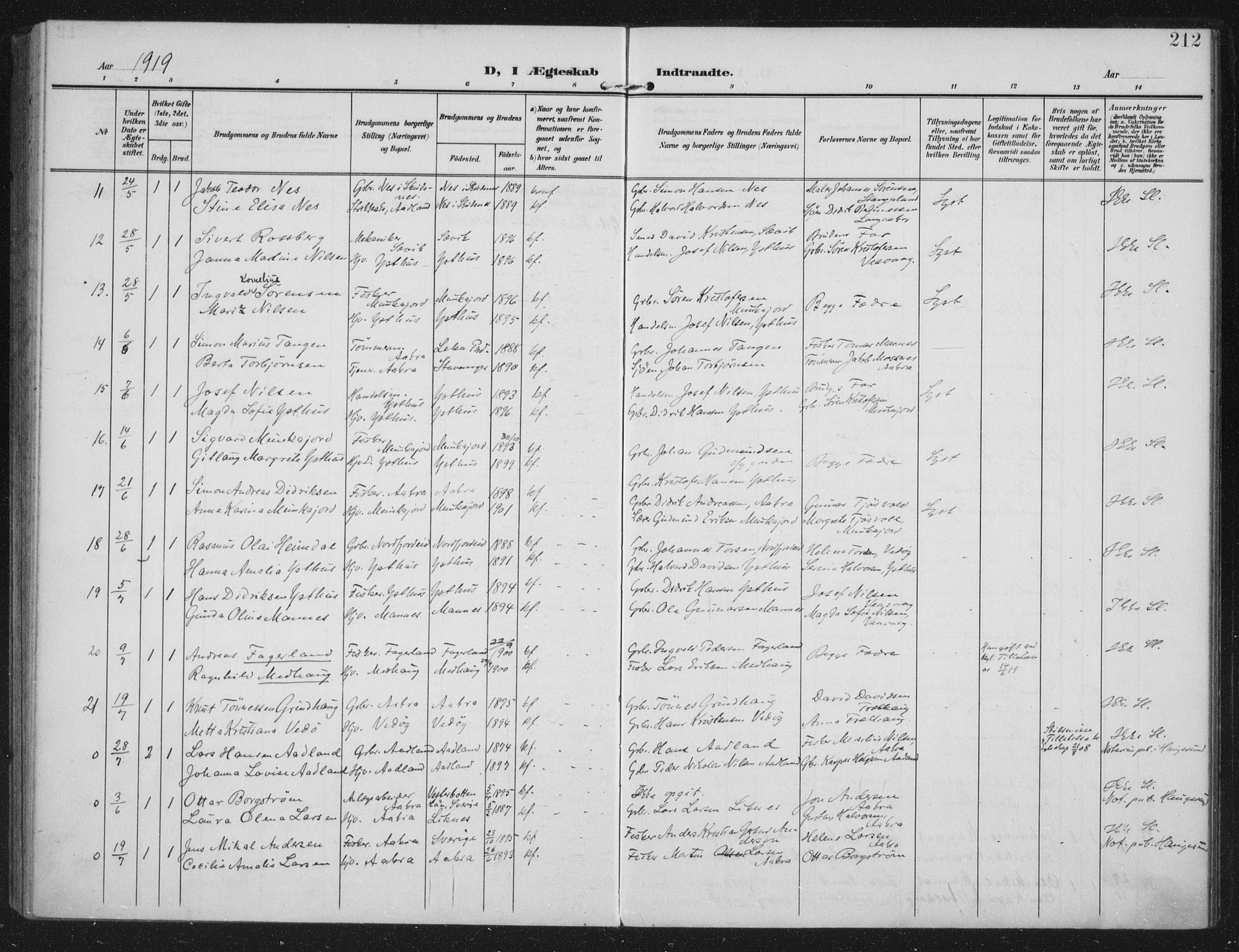 Kopervik sokneprestkontor, SAST/A-101850/H/Ha/Haa/L0005: Parish register (official) no. A 5, 1906-1924, p. 212