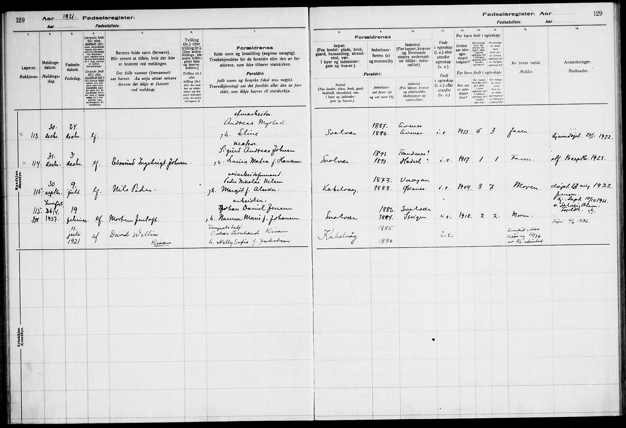 Ministerialprotokoller, klokkerbøker og fødselsregistre - Nordland, AV/SAT-A-1459/874/L1089: Birth register no. 874.II.4.1, 1916-1926, p. 129