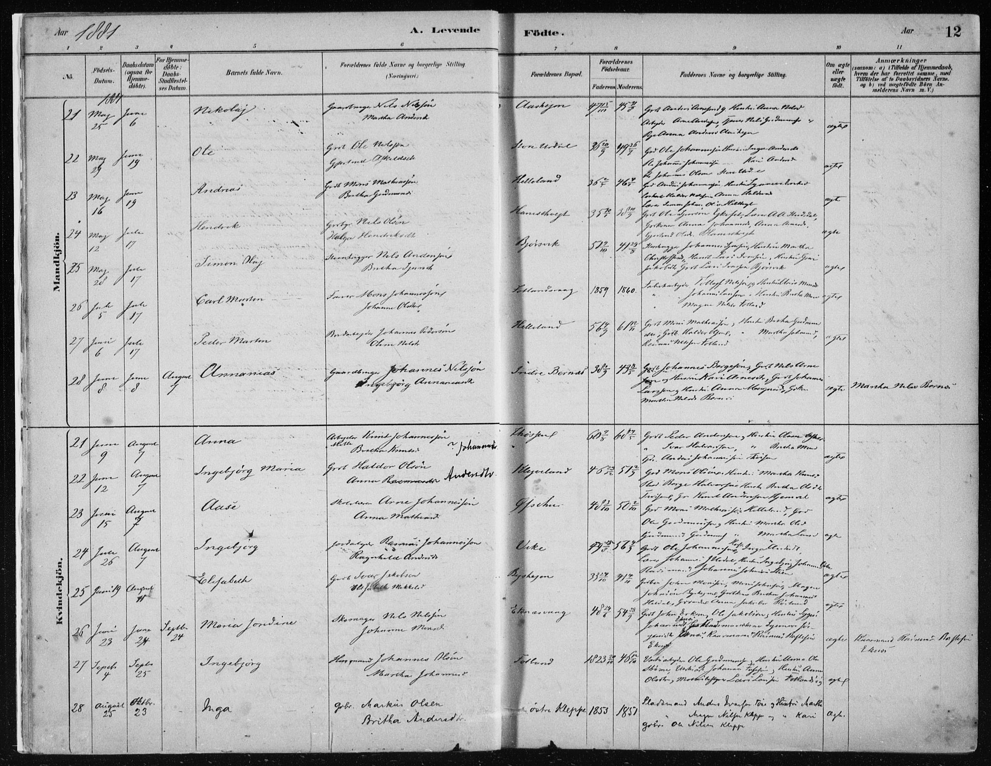 Hosanger sokneprestembete, AV/SAB-A-75801/H/Haa: Parish register (official) no. B  1, 1880-1896, p. 12