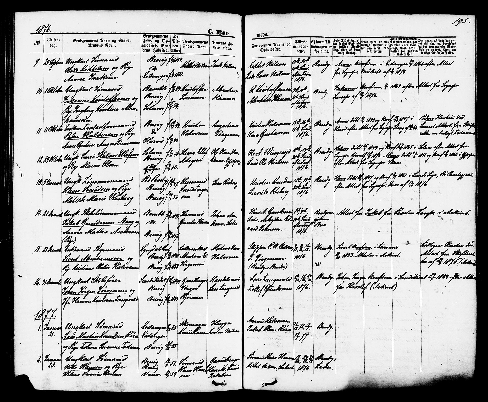 Brevik kirkebøker, SAKO/A-255/F/Fa/L0006: Parish register (official) no. 6, 1866-1881, p. 195