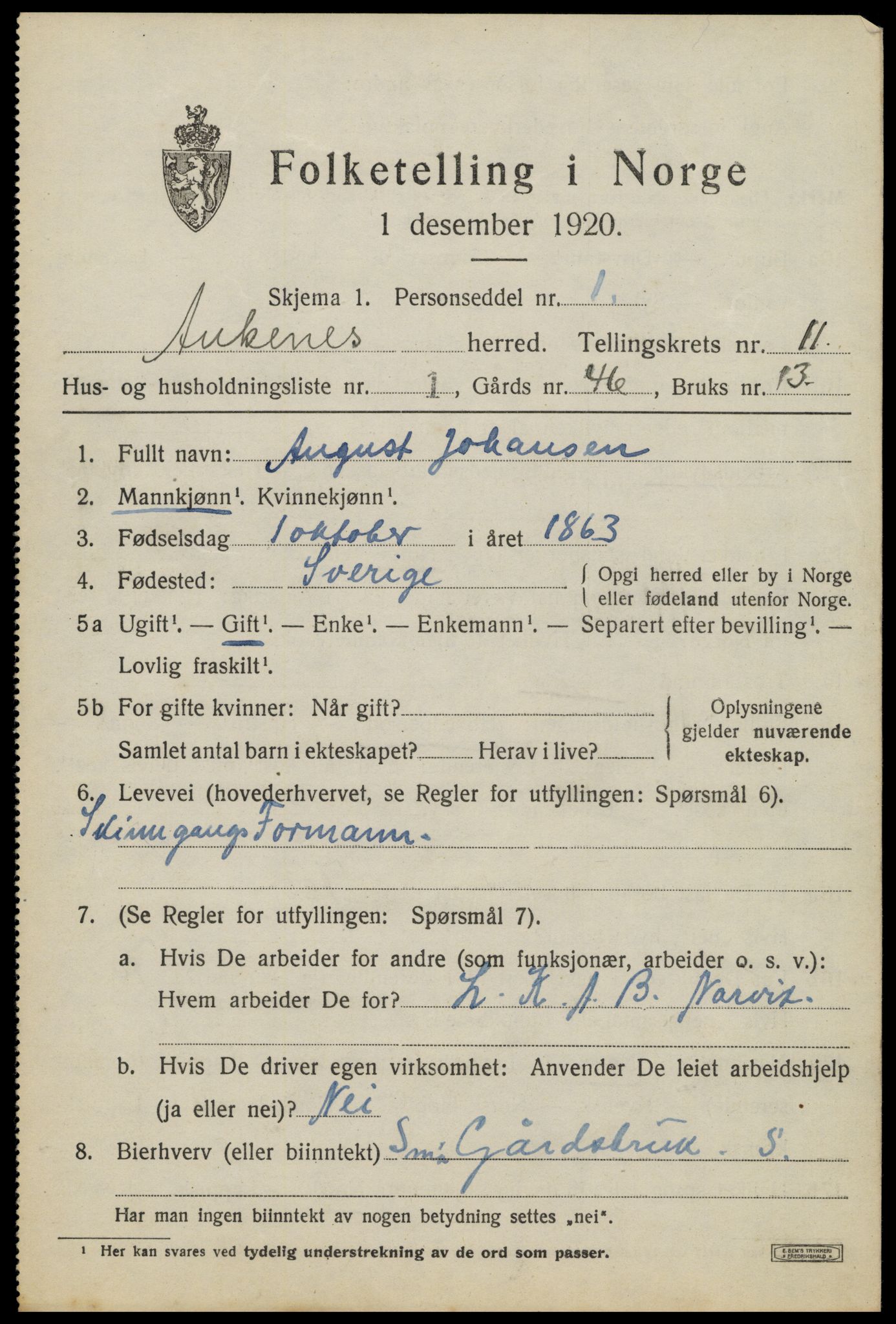 SAT, 1920 census for Ankenes, 1920, p. 5817