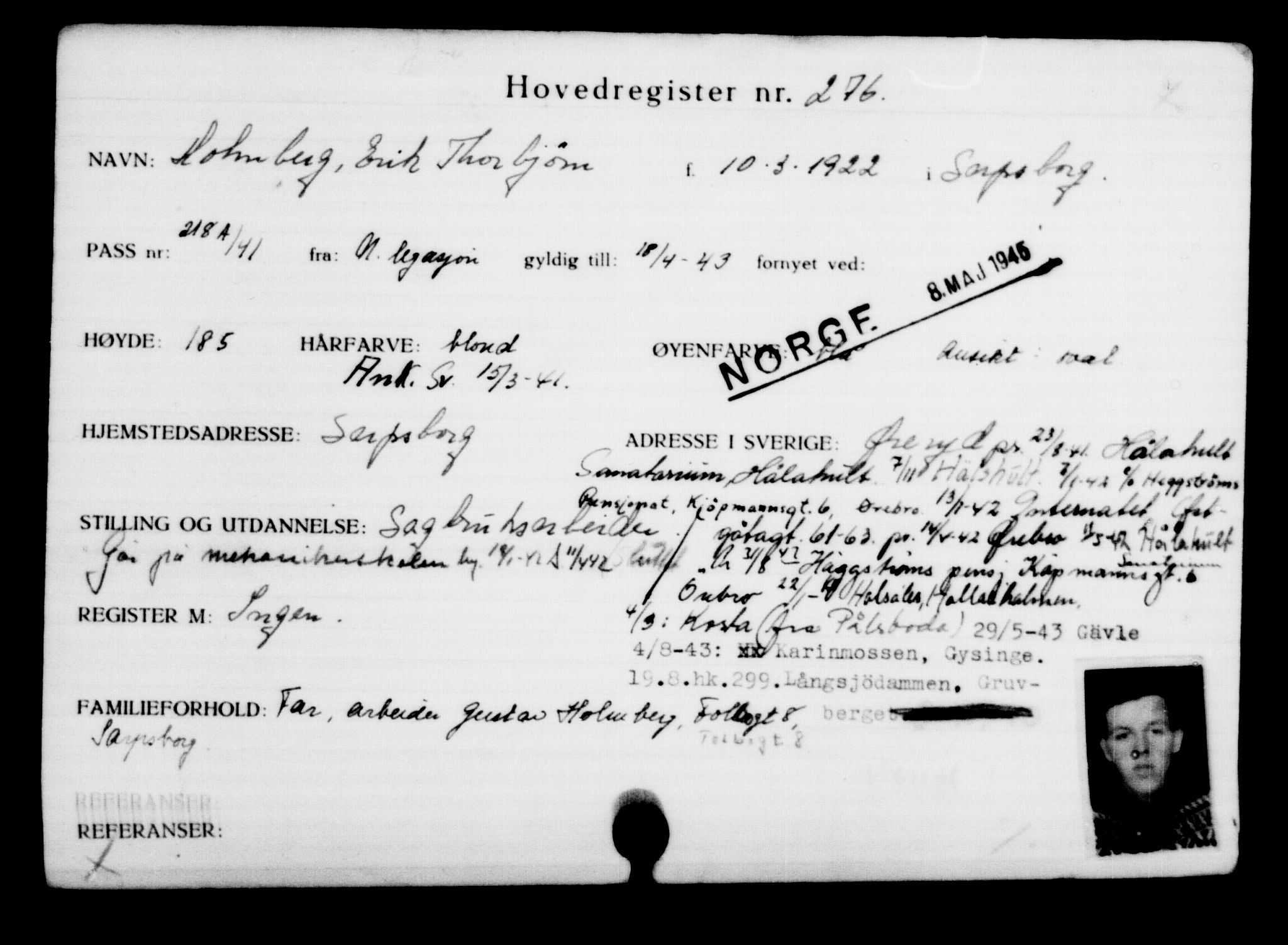 Utenriksstasjonene, Legasjonen i Stockholm, Flyktningkontoret, AV/RA-S-6753/V/Va/L0001: Kjesäterkartoteket, flyktninger med registreringsnr. 1-1000, 1940-1945, p. 440