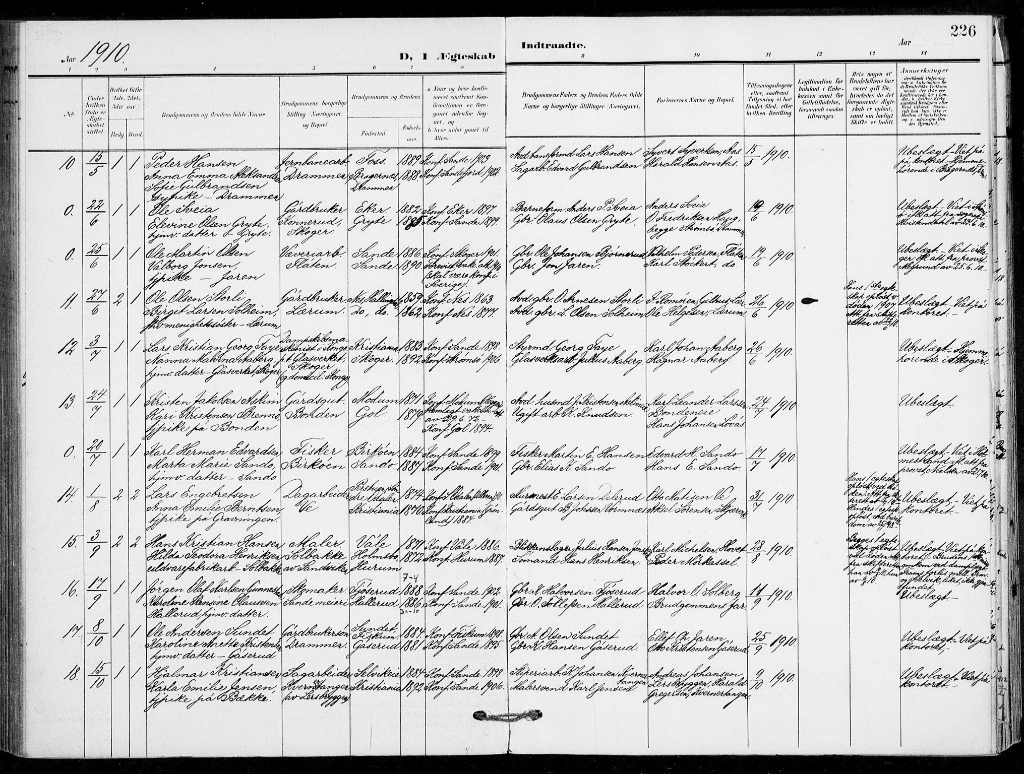 Sande Kirkebøker, AV/SAKO-A-53/F/Fa/L0008: Parish register (official) no. 8, 1904-1921, p. 226