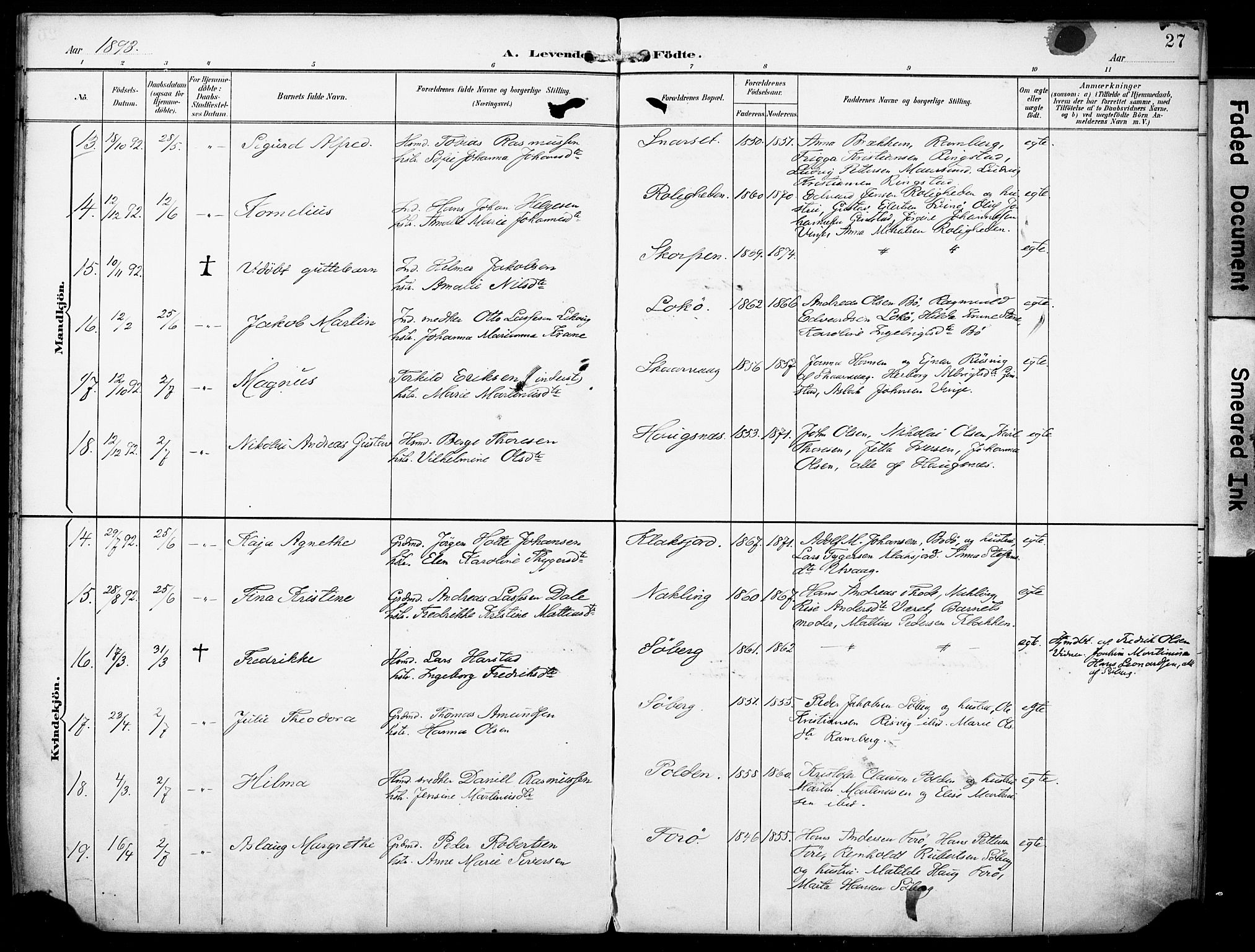 Ministerialprotokoller, klokkerbøker og fødselsregistre - Nordland, AV/SAT-A-1459/891/L1303: Parish register (official) no. 891A08, 1891-1894, p. 27