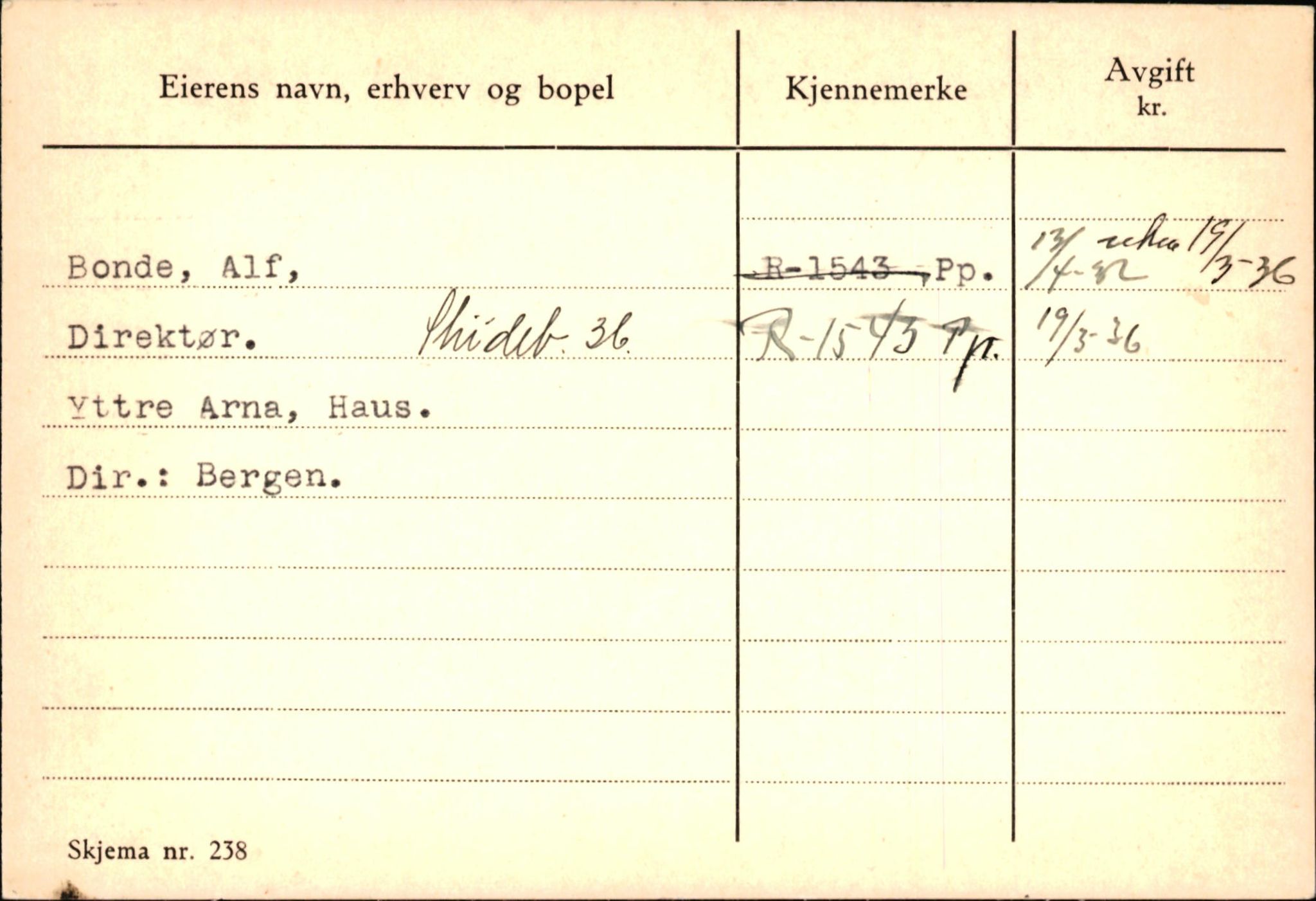 Statens vegvesen, Hordaland vegkontor, AV/SAB-A-5201/2/Ha/L0006: R-eierkort B, 1920-1971, p. 1