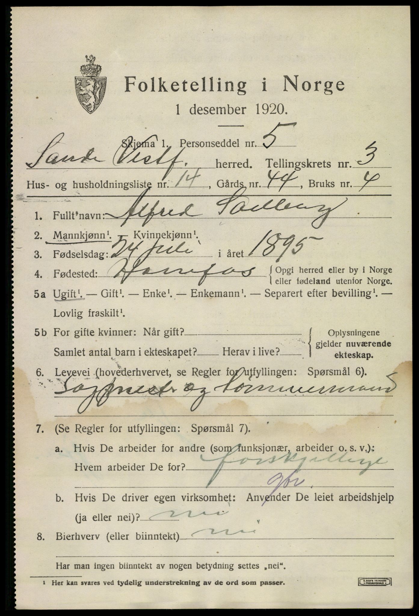 SAKO, 1920 census for Sande, 1920, p. 4238