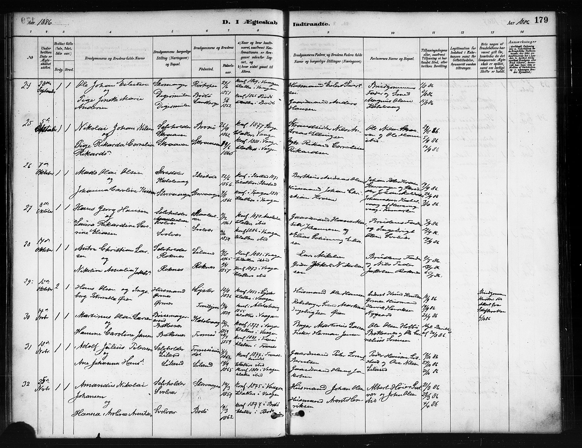 Ministerialprotokoller, klokkerbøker og fødselsregistre - Nordland, AV/SAT-A-1459/874/L1059: Parish register (official) no. 874A03, 1884-1890, p. 179