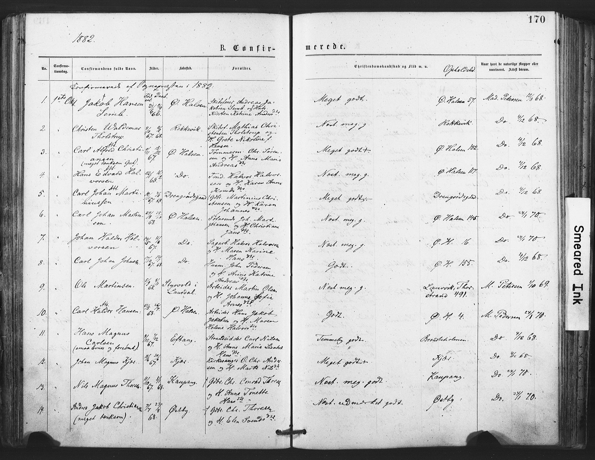 Tjølling kirkebøker, SAKO/A-60/F/Fa/L0008: Parish register (official) no. 8, 1877-1886, p. 170