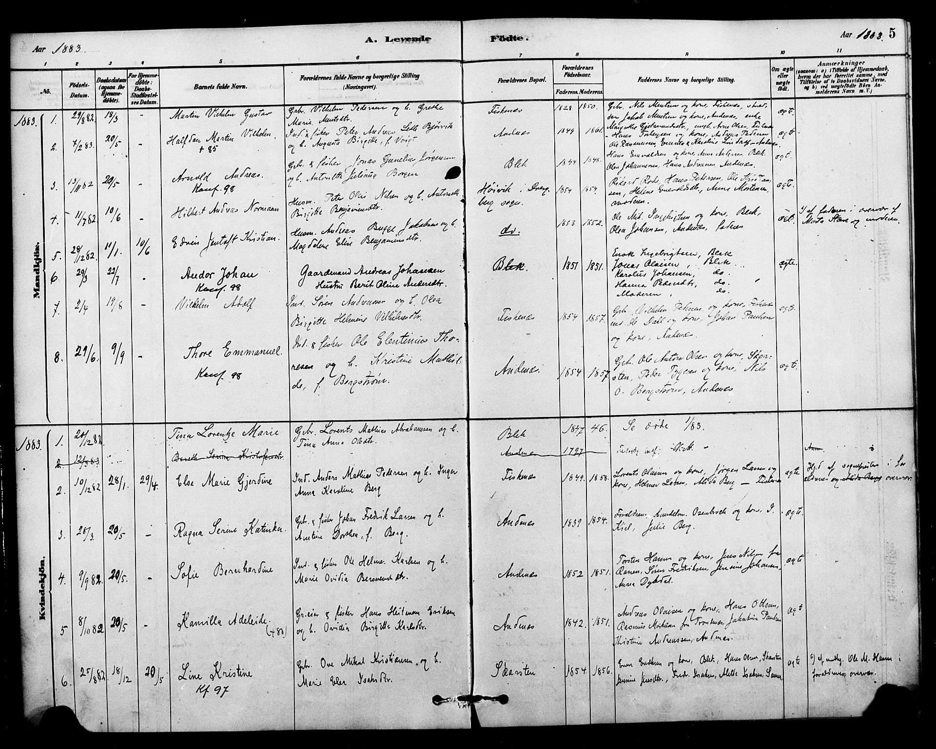 Ministerialprotokoller, klokkerbøker og fødselsregistre - Nordland, SAT/A-1459/899/L1436: Parish register (official) no. 899A04, 1881-1896, p. 5
