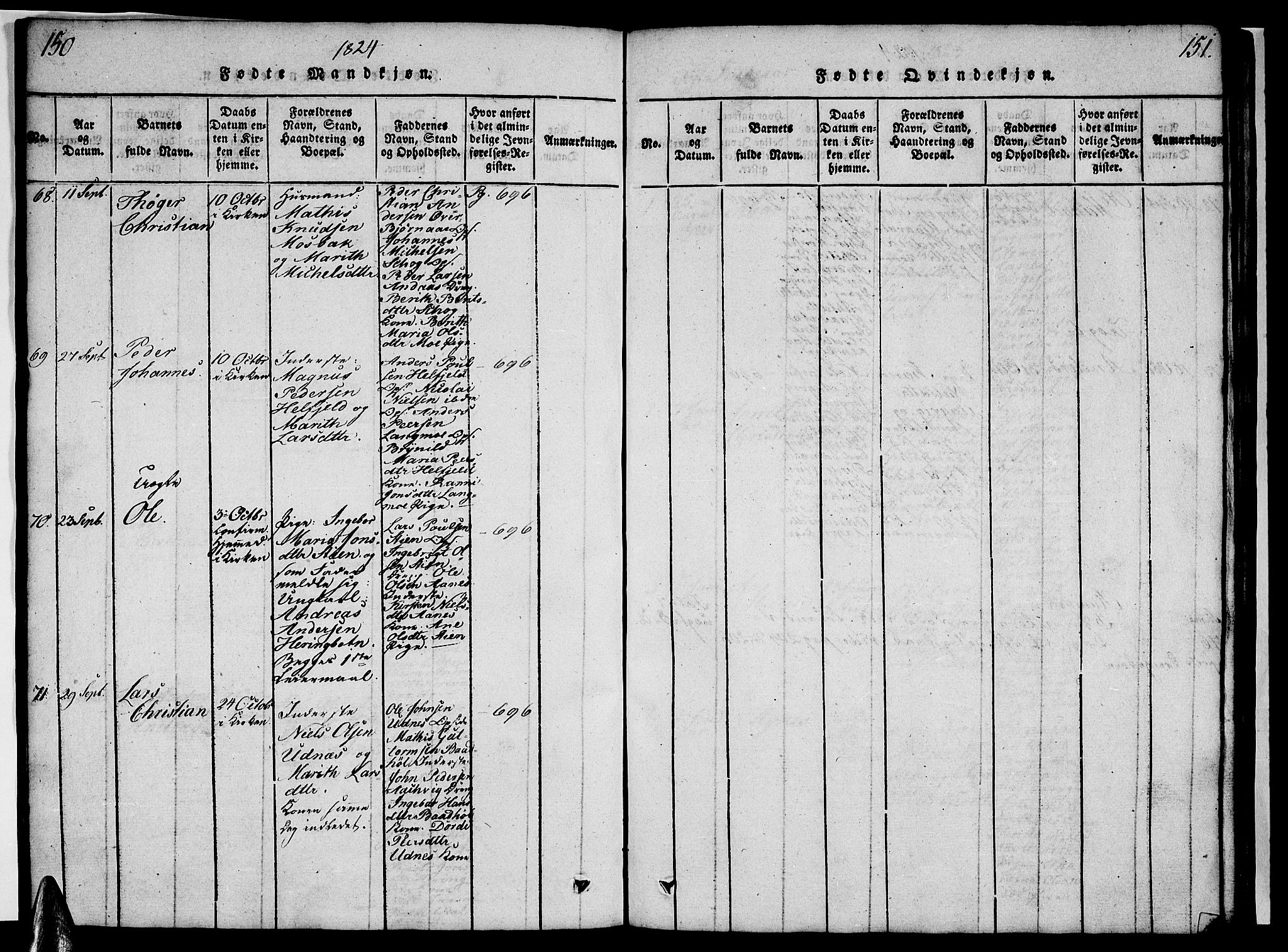 Ministerialprotokoller, klokkerbøker og fødselsregistre - Nordland, AV/SAT-A-1459/820/L0299: Parish register (copy) no. 820C01, 1820-1825, p. 150-151