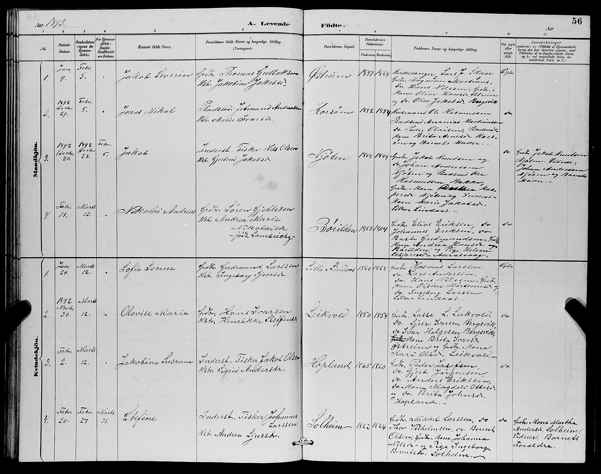 Lindås Sokneprestembete, SAB/A-76701/H/Hab: Parish register (copy) no. C 3, 1886-1893, p. 56