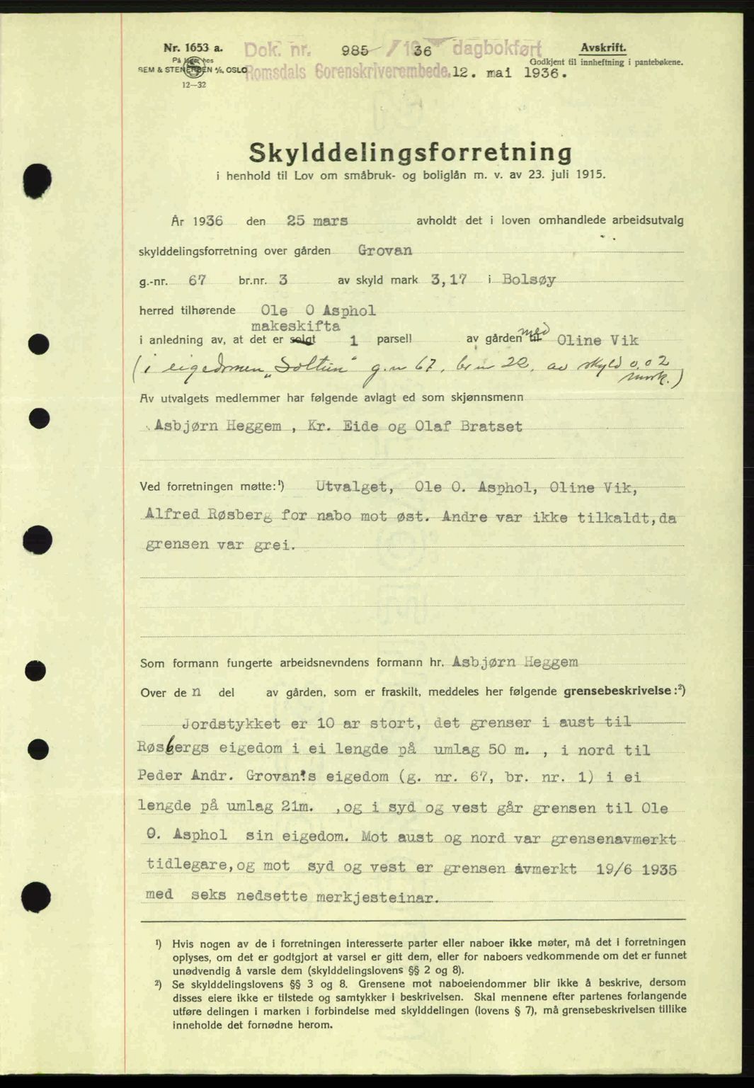 Romsdal sorenskriveri, AV/SAT-A-4149/1/2/2C: Mortgage book no. A1, 1936-1936, Diary no: : 985/1936