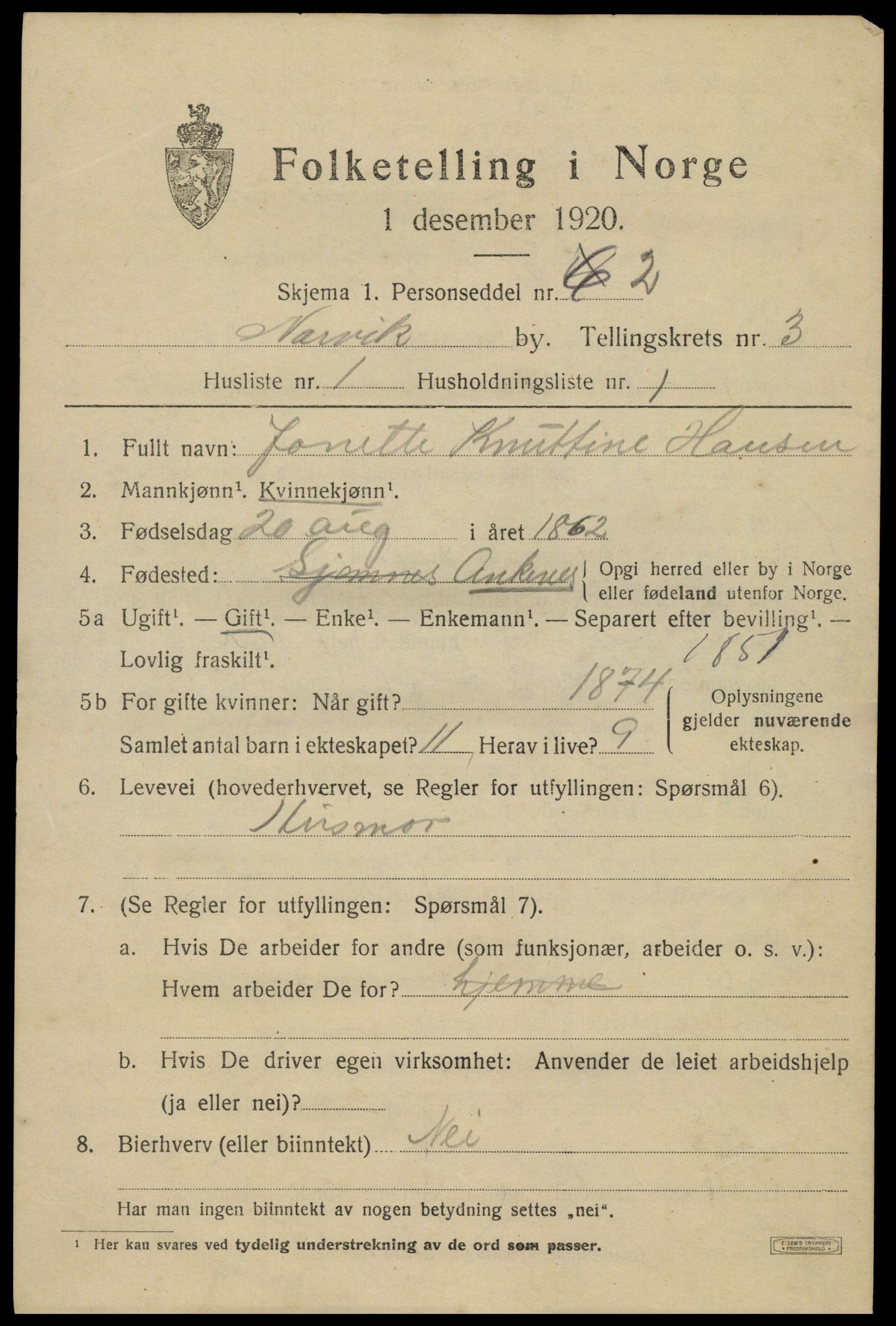 SAT, 1920 census for Narvik, 1920, p. 11746