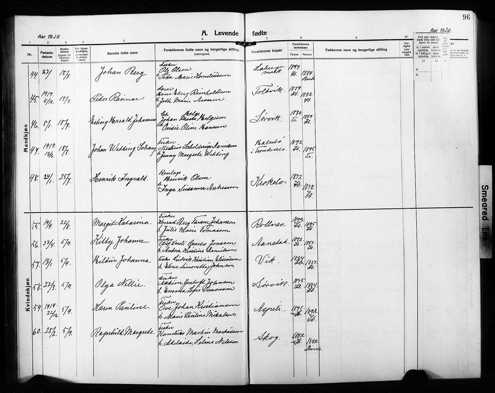 Ibestad sokneprestembete, AV/SATØ-S-0077/H/Ha/Hab/L0010klokker: Parish register (copy) no. 10, 1915-1929, p. 96