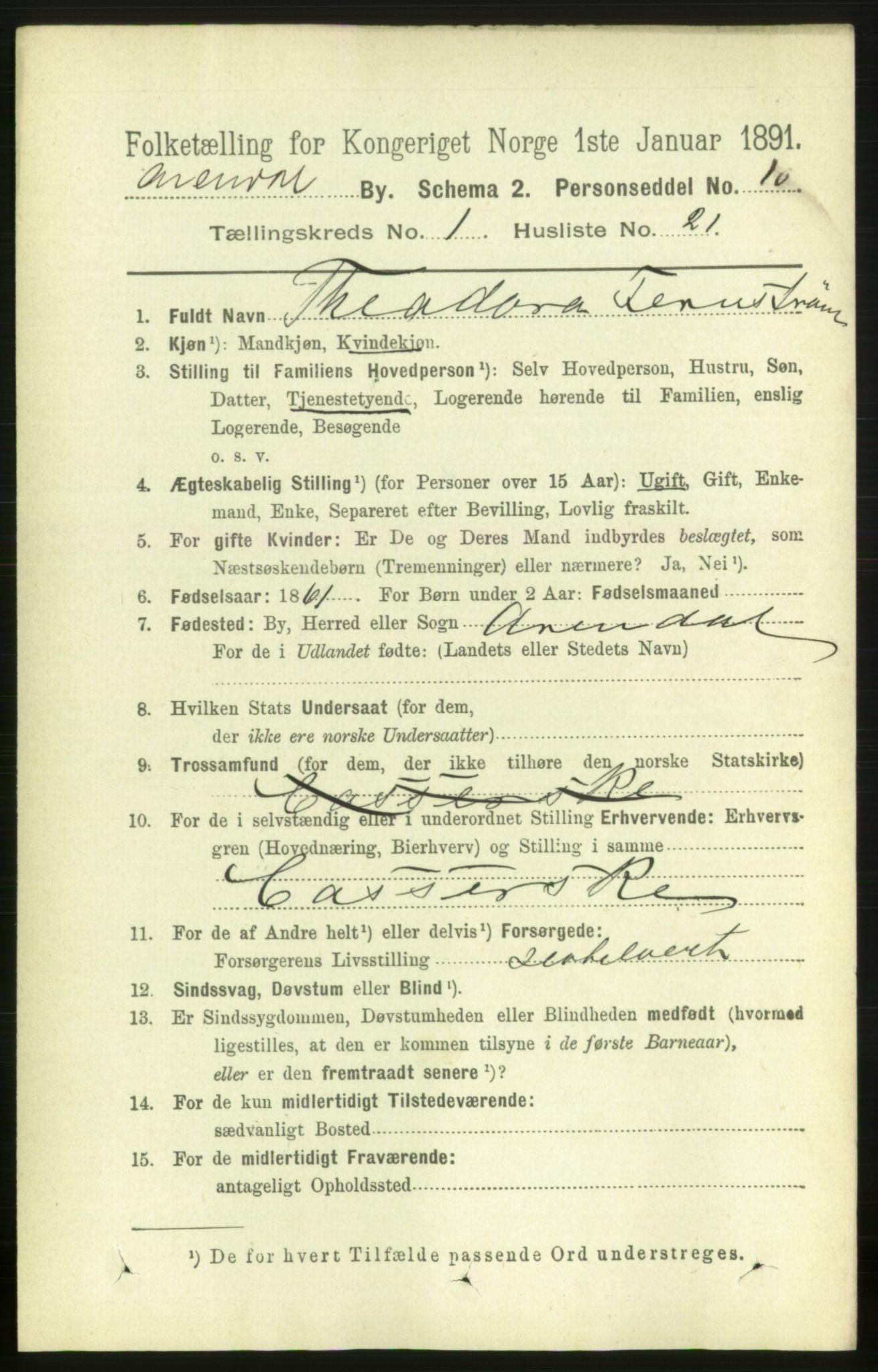 RA, 1891 census for 0903 Arendal, 1891, p. 1220