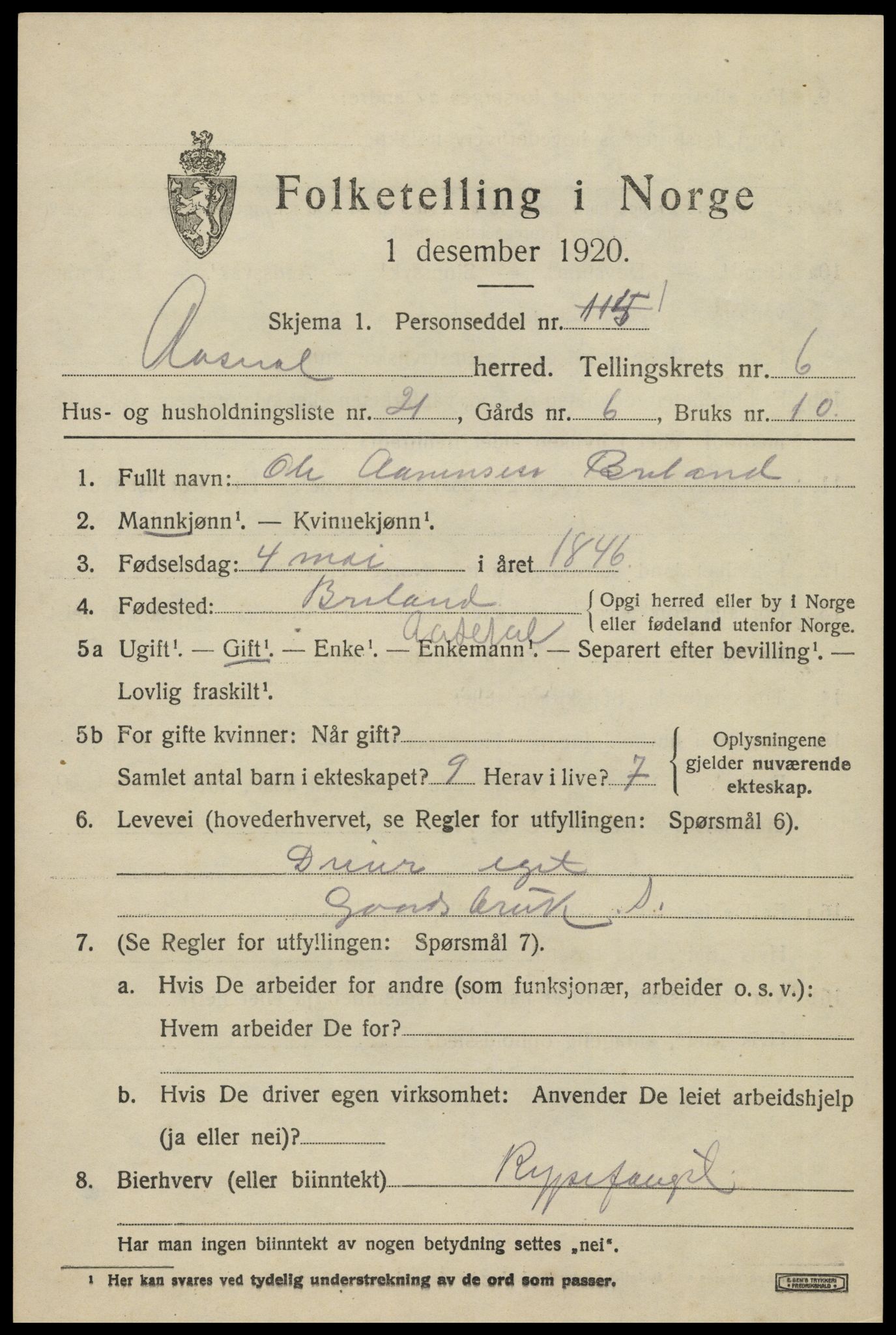 SAK, 1920 census for Åseral, 1920, p. 2026