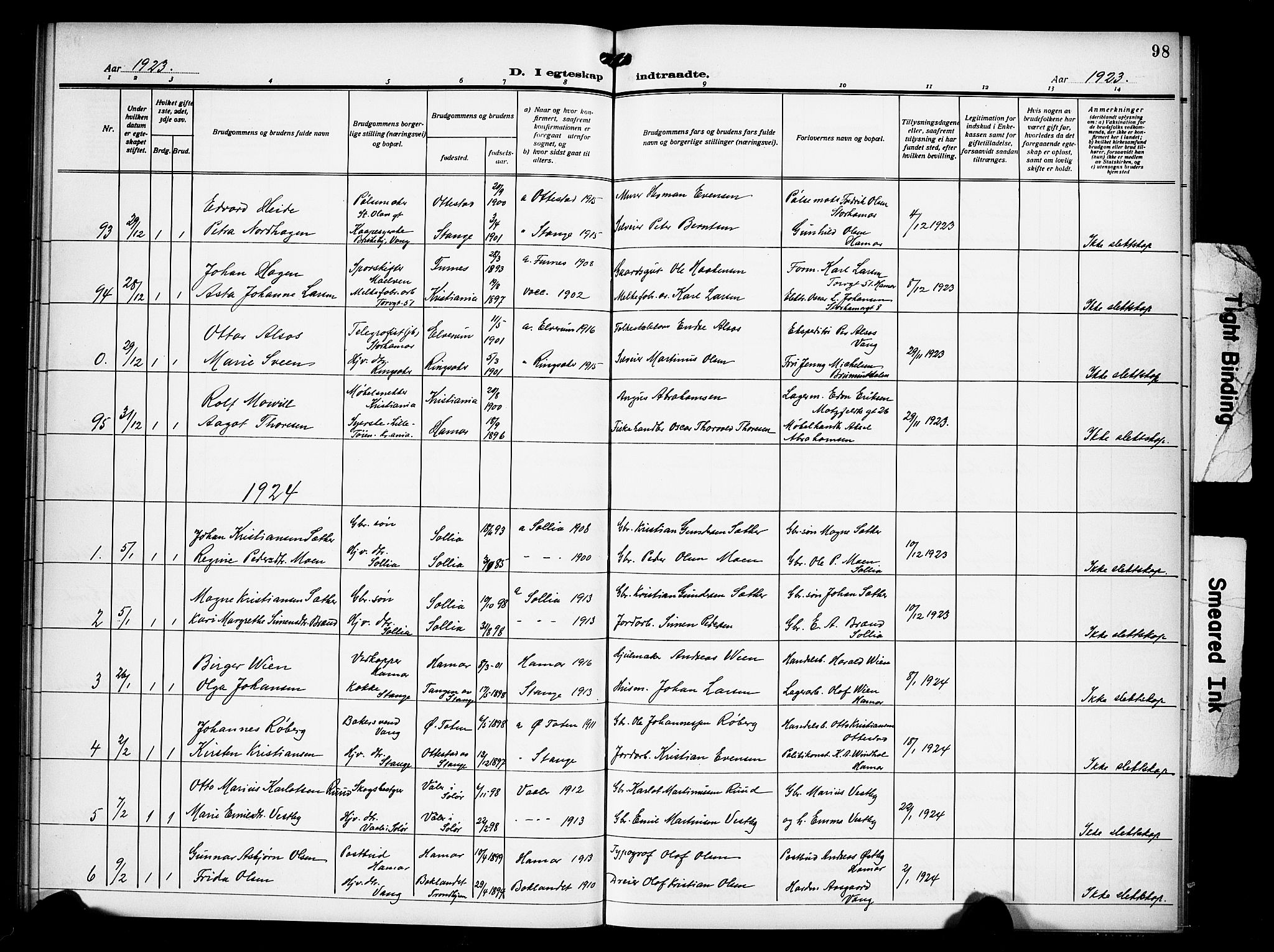 Hamar prestekontor, AV/SAH-DOMPH-002/H/Ha/Hab/L0003: Parish register (copy) no. 3, 1913-1930, p. 98