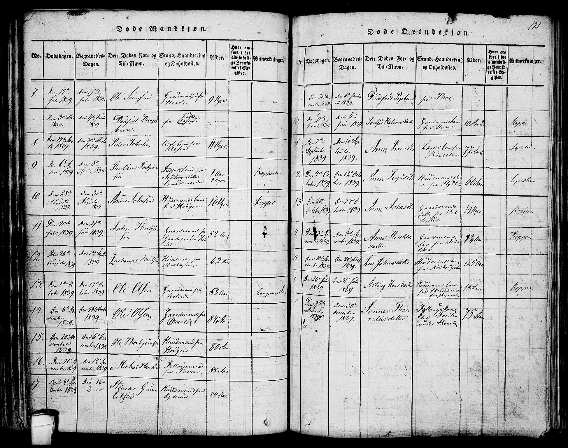 Hjartdal kirkebøker, AV/SAKO-A-270/F/Fa/L0007: Parish register (official) no. I 7, 1815-1843, p. 121