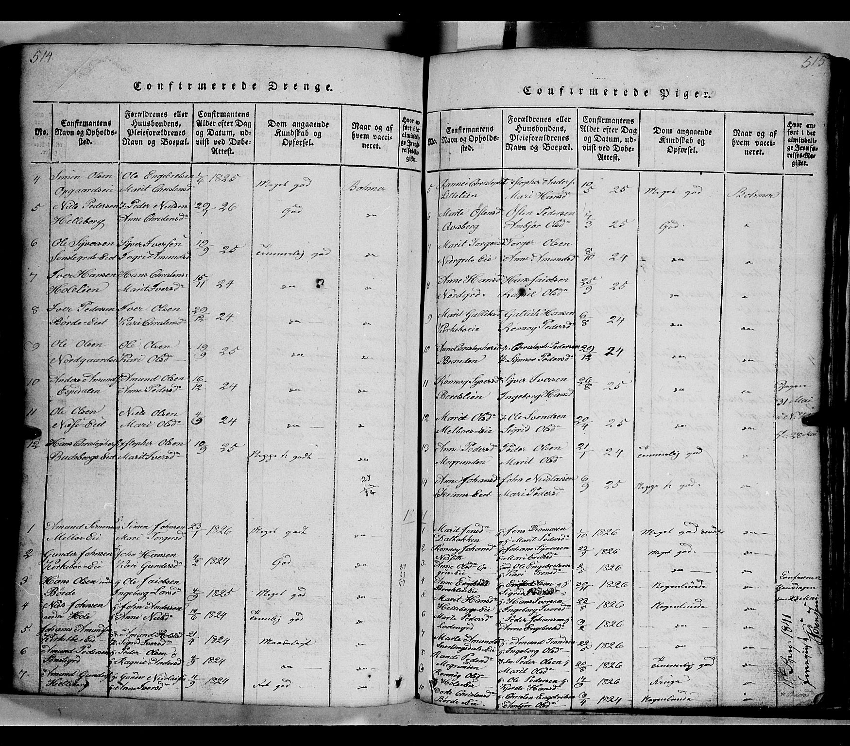 Gausdal prestekontor, SAH/PREST-090/H/Ha/Hab/L0002: Parish register (copy) no. 2, 1818-1874, p. 514-515