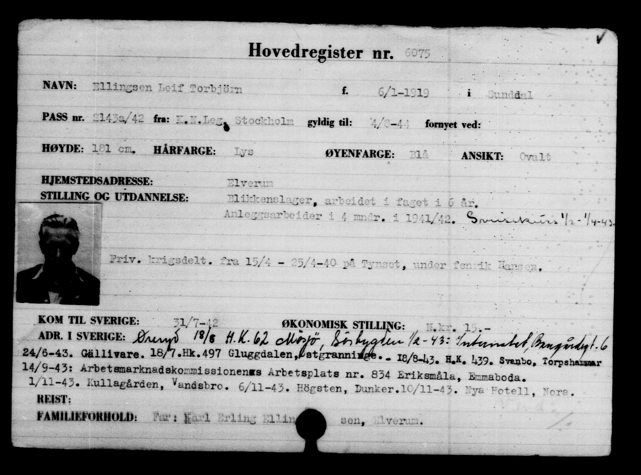 Utenriksstasjonene, Legasjonen i Stockholm, Flyktningkontoret, AV/RA-S-6753/V/Va/L0004: Kjesäterkartoteket, flyktninger med registreringsnr. 3496-6610, 1940-1945, p. 3022