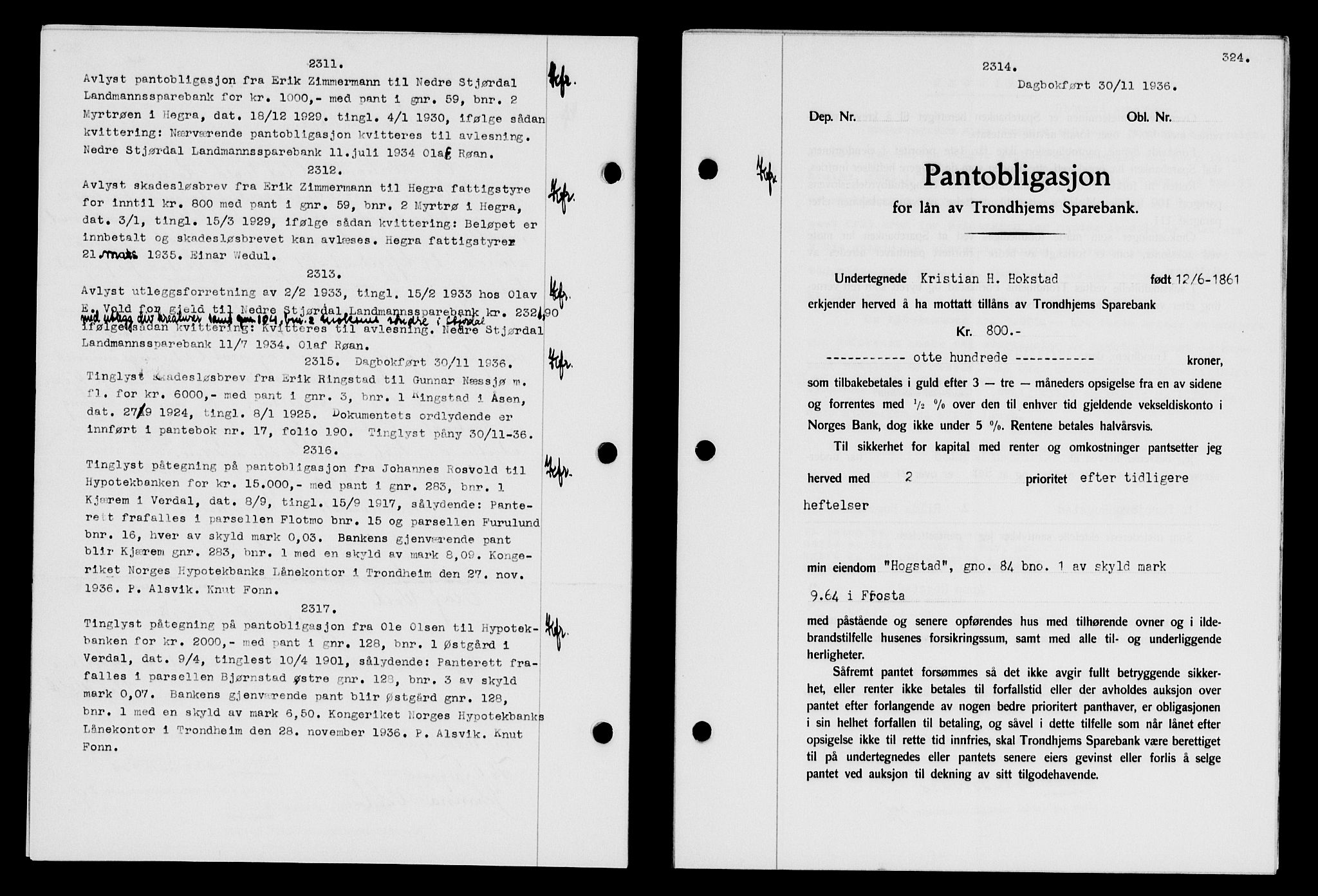 Stjør- og Verdal sorenskriveri, SAT/A-4167/1/2/2C/L0078: Mortgage book no. 46, 1936-1937, Diary no: : 2314/1936