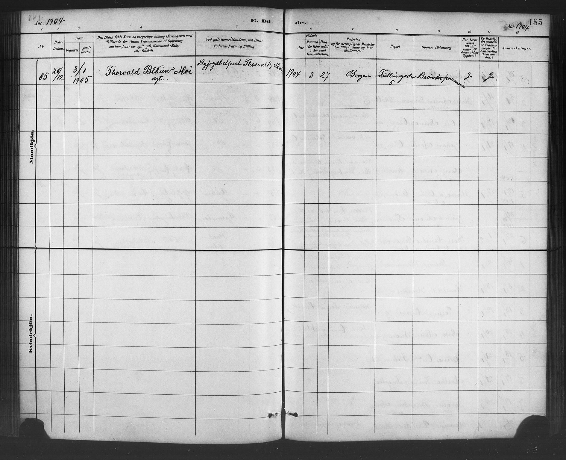 Johanneskirken sokneprestembete, SAB/A-76001/H/Hab: Parish register (copy) no. D 1, 1885-1915, p. 185