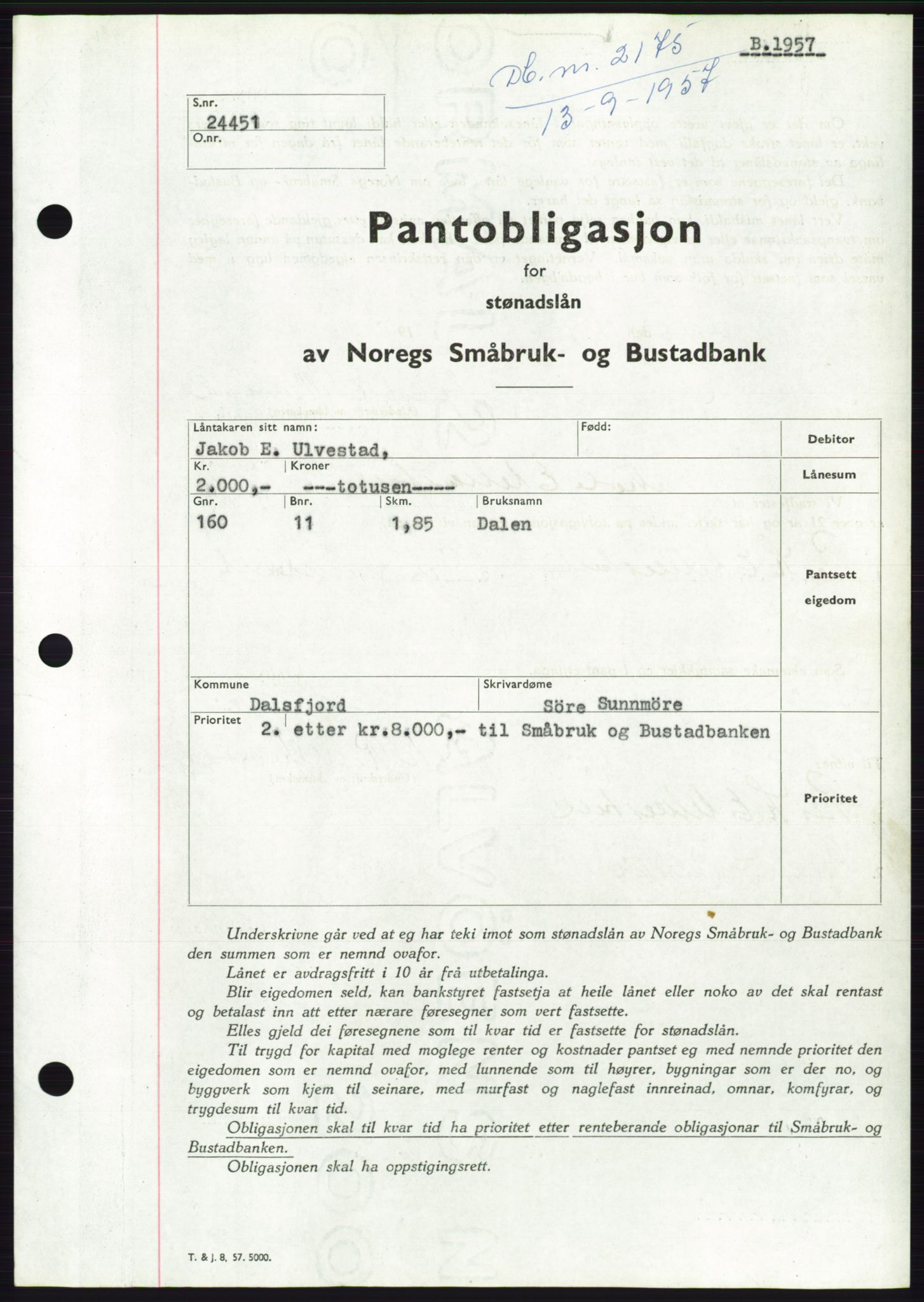Søre Sunnmøre sorenskriveri, AV/SAT-A-4122/1/2/2C/L0130: Mortgage book no. 18B, 1957-1958, Diary no: : 2175/1957