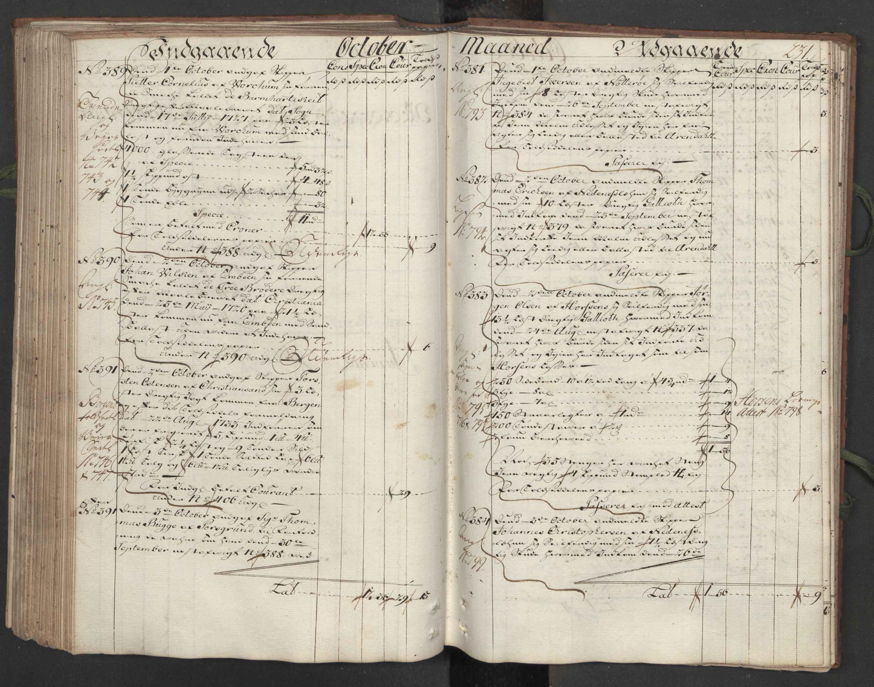 Generaltollkammeret, tollregnskaper, AV/RA-EA-5490/R12/L0009/0001: Tollregnskaper Langesund / Hovedtollbok, 1733, p. 230b-231a