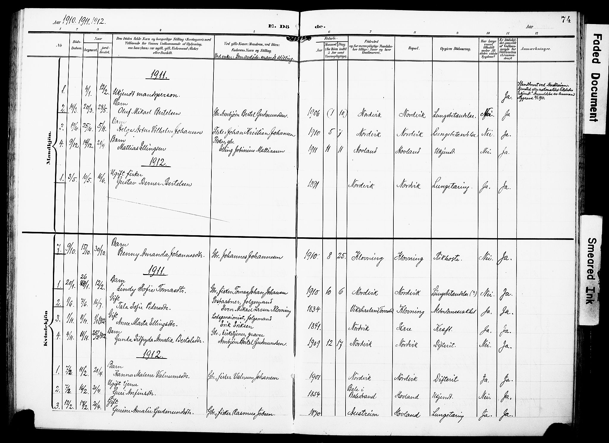 Torvastad sokneprestkontor, SAST/A -101857/H/Ha/Haa/L0018: Parish register (official) no. A 17, 1903-1925, p. 74