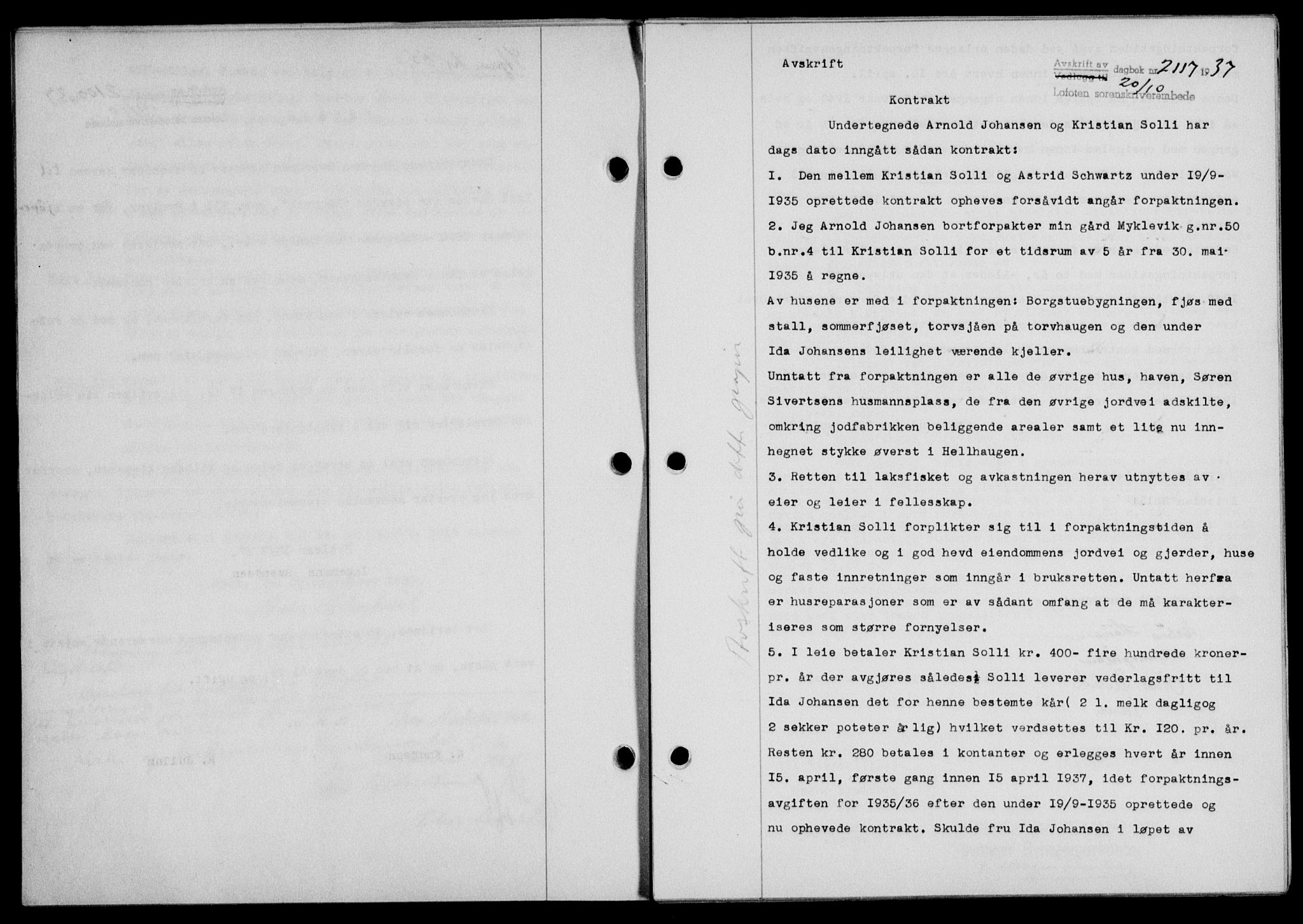 Lofoten sorenskriveri, SAT/A-0017/1/2/2C/L0003a: Mortgage book no. 3a, 1937-1938, Diary no: : 2117/1937