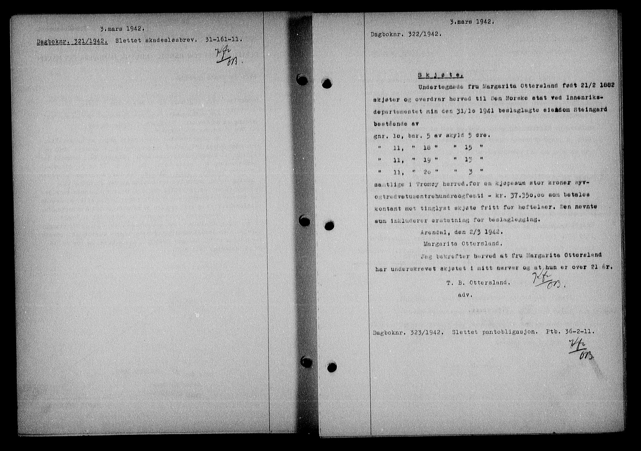 Nedenes sorenskriveri, SAK/1221-0006/G/Gb/Gba/L0049: Mortgage book no. A-III, 1941-1942, Diary no: : 322/1942