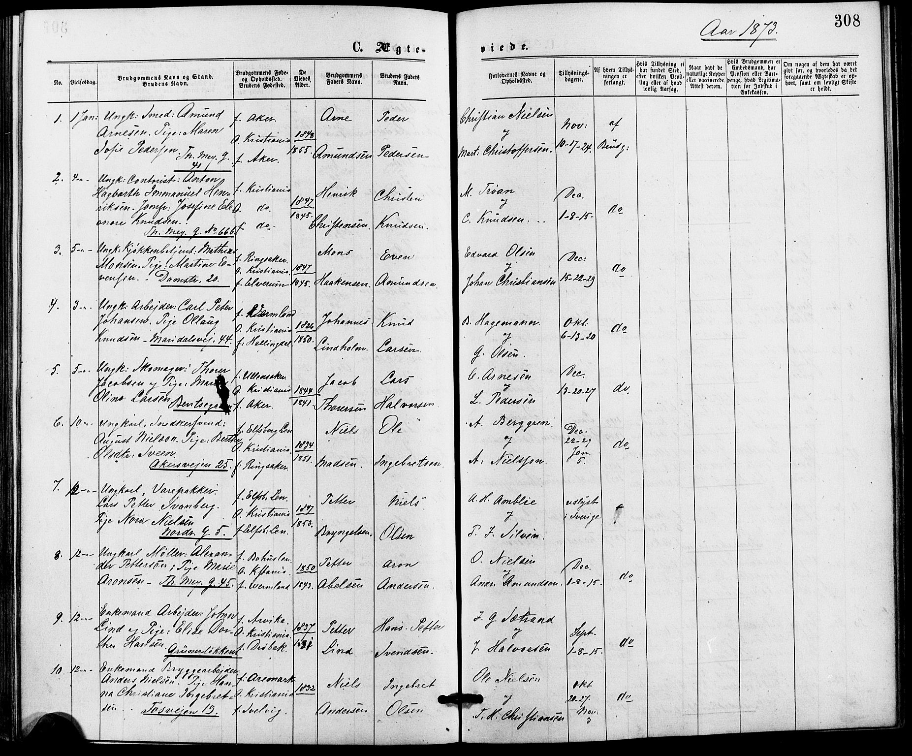Gamle Aker prestekontor Kirkebøker, SAO/A-10617a/G/L0003: Parish register (copy) no. 3, 1869-1874, p. 308