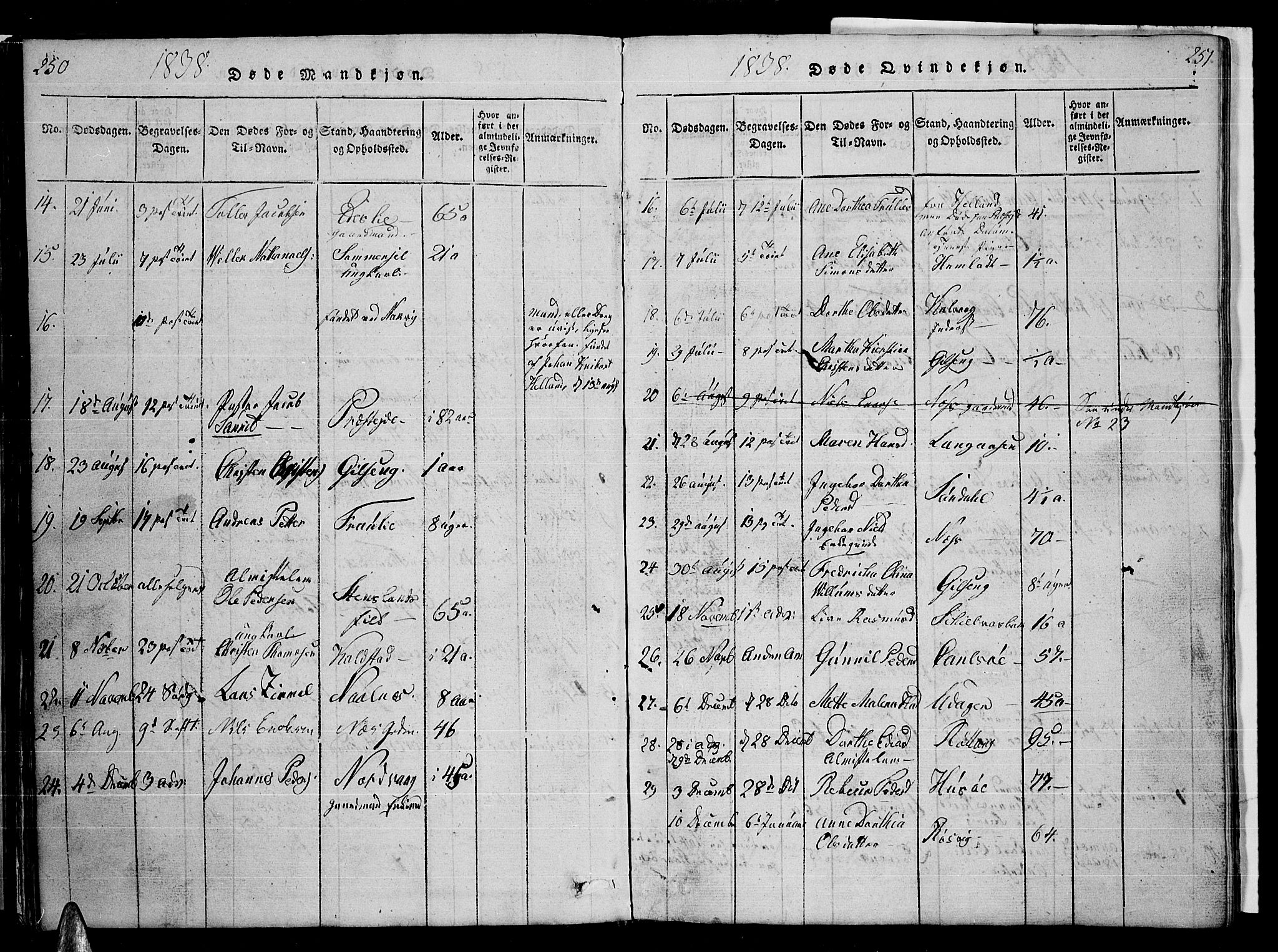Ministerialprotokoller, klokkerbøker og fødselsregistre - Nordland, SAT/A-1459/859/L0855: Parish register (copy) no. 859C01, 1821-1839, p. 250-251