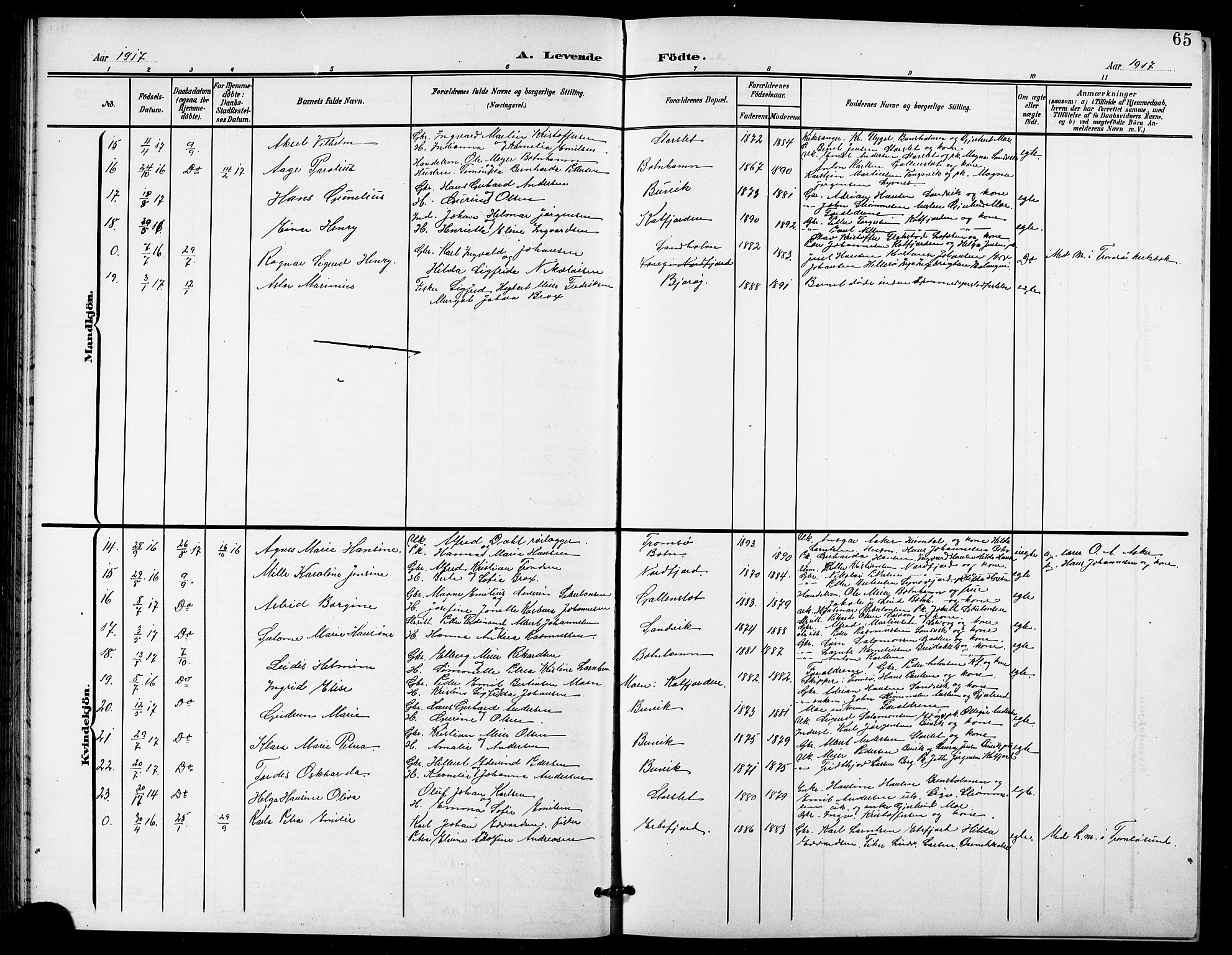 Lenvik sokneprestembete, SATØ/S-1310/H/Ha/Hab/L0022klokker: Parish register (copy) no. 22, 1901-1918, p. 65
