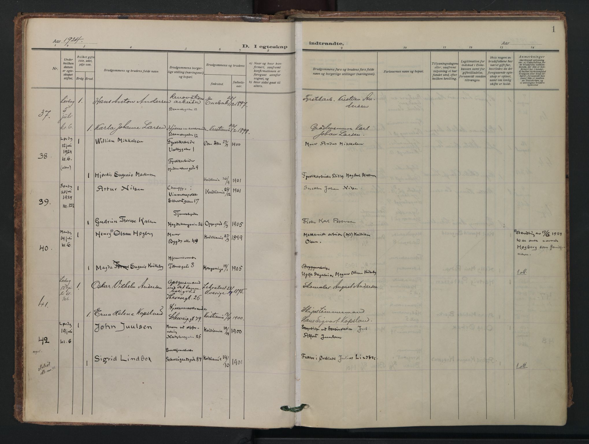 Vålerengen prestekontor Kirkebøker, SAO/A-10878/F/Fa/L0005: Parish register (official) no. 5, 1924-1936, p. 1