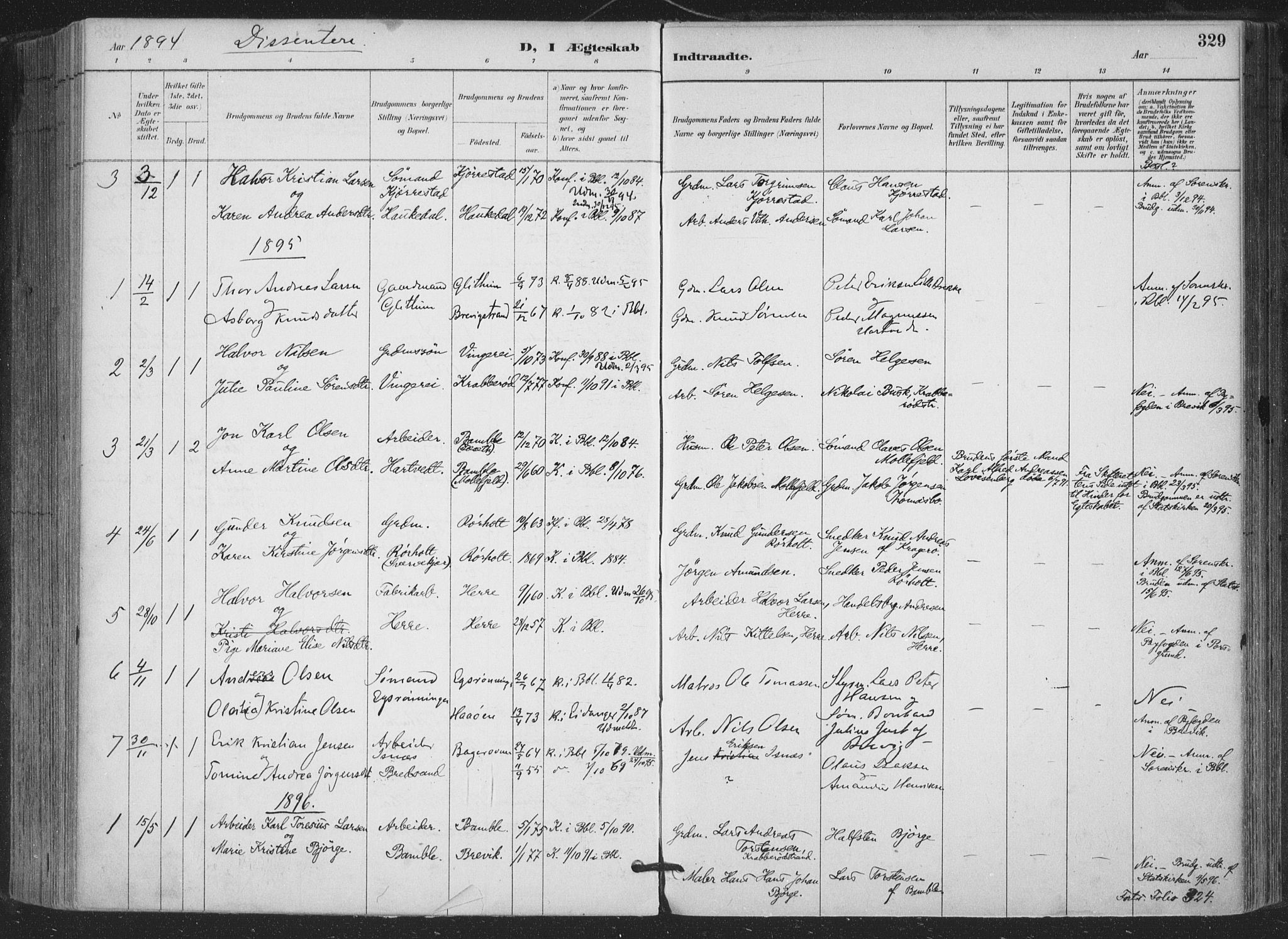 Bamble kirkebøker, AV/SAKO-A-253/F/Fa/L0008: Parish register (official) no. I 8, 1888-1900, p. 329