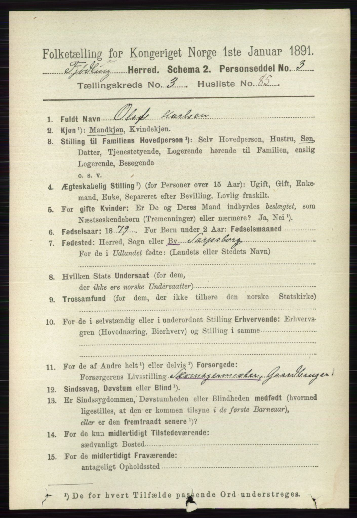 RA, 1891 census for 0725 Tjølling, 1891, p. 1363