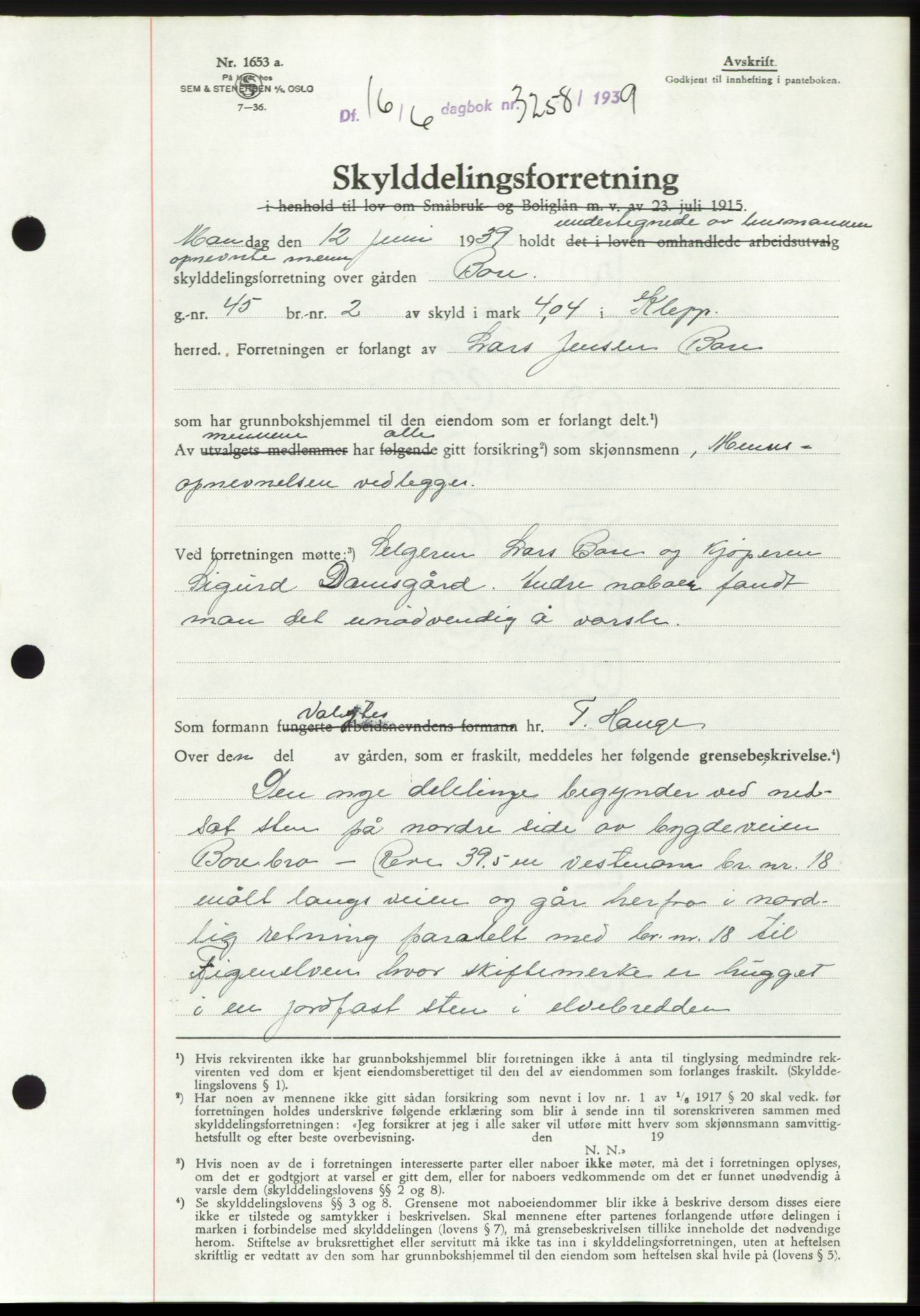 Jæren sorenskriveri, SAST/A-100310/03/G/Gba/L0074: Mortgage book, 1939-1939, Diary no: : 3258/1939