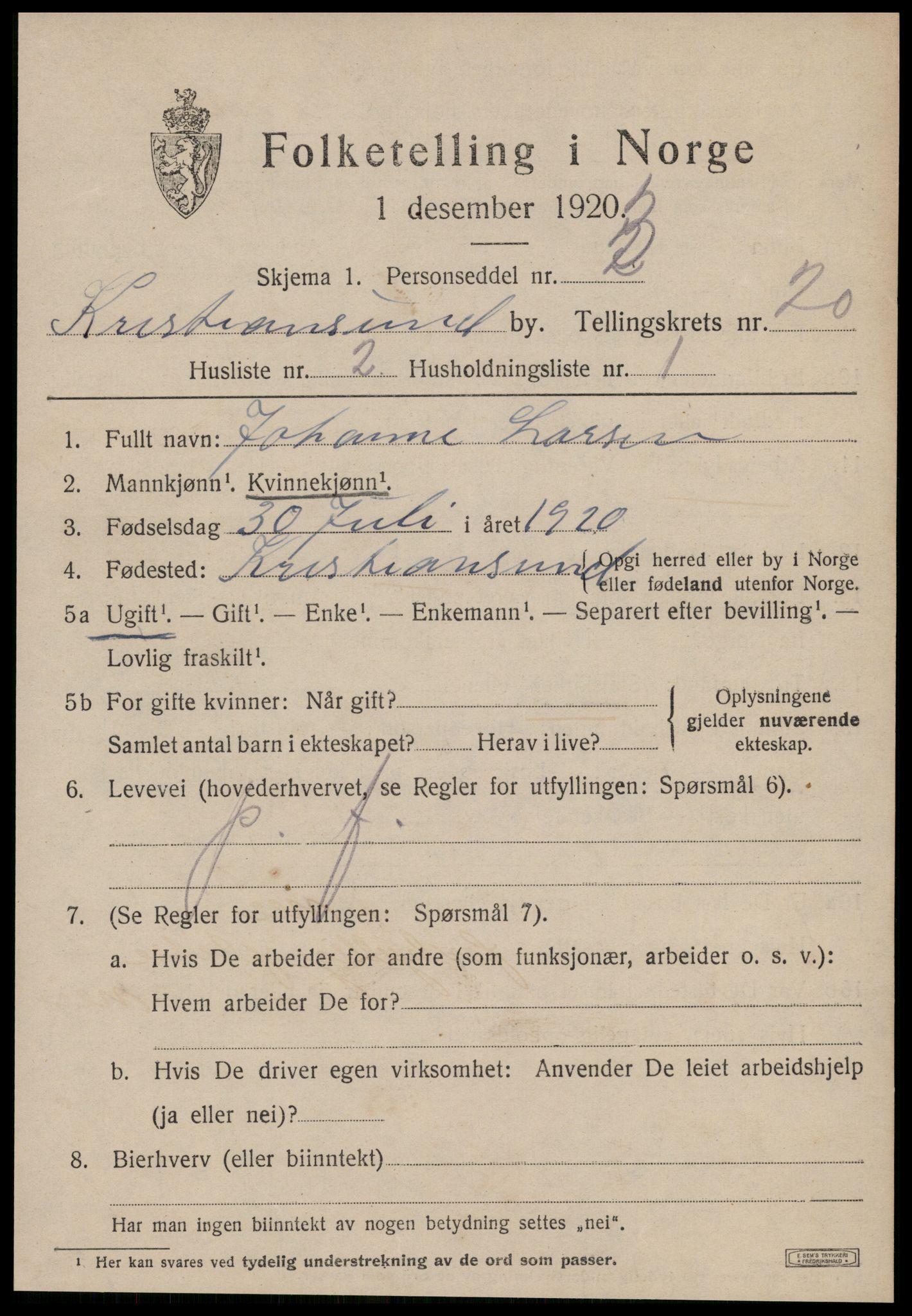 SAT, 1920 census for Kristiansund, 1920, p. 40501