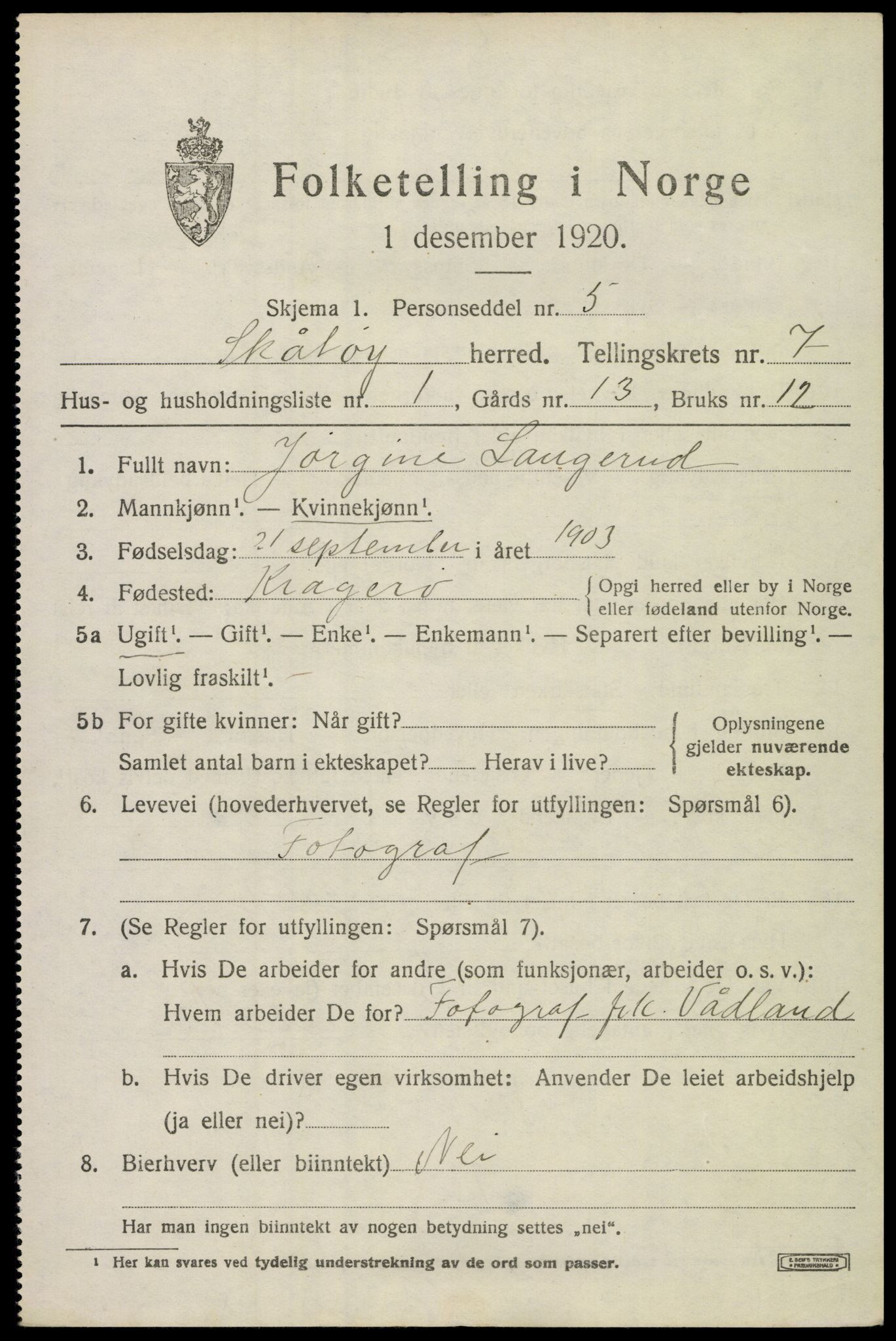 SAKO, 1920 census for Skåtøy, 1920, p. 5328