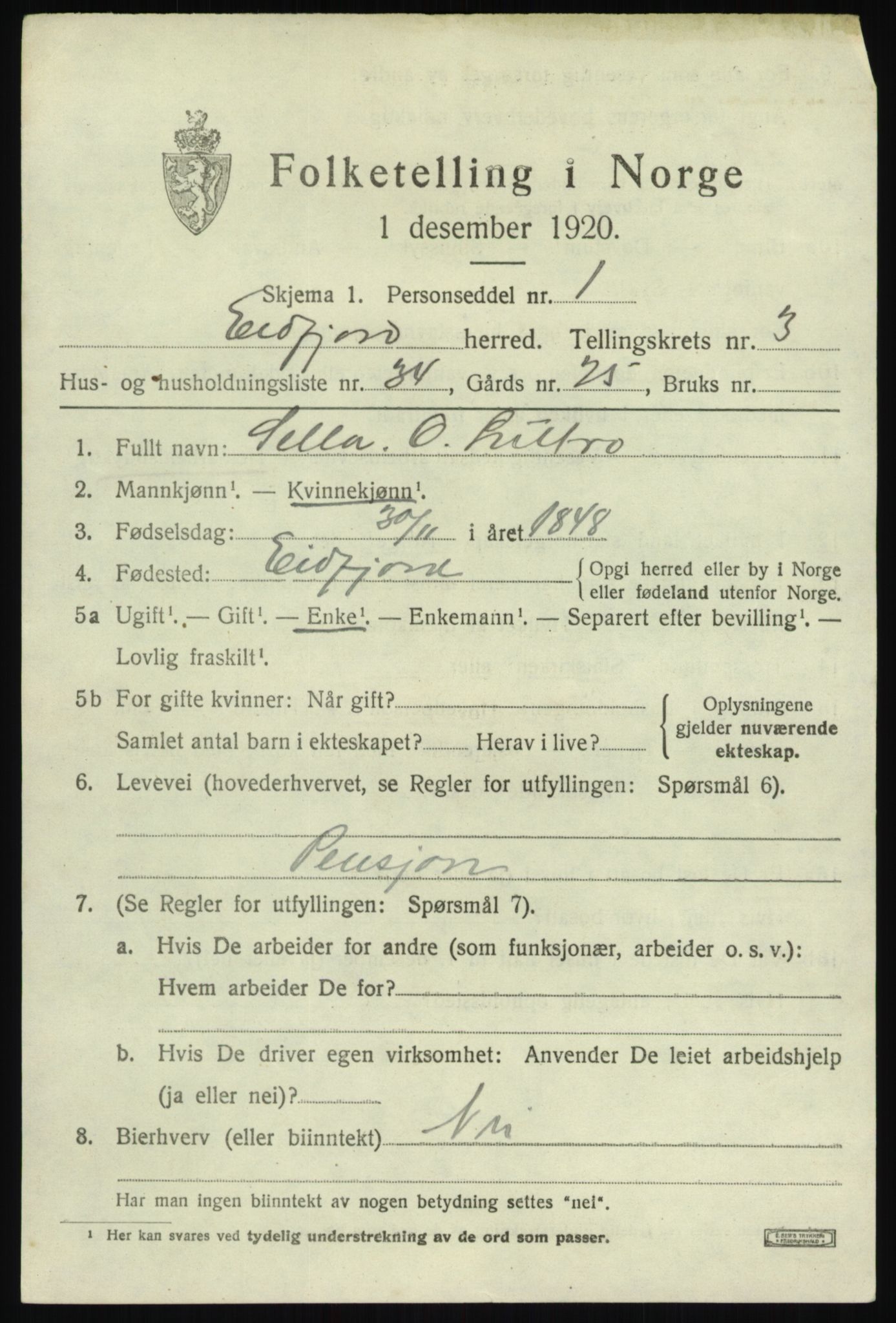 SAB, 1920 census for Eidfjord, 1920, p. 1334