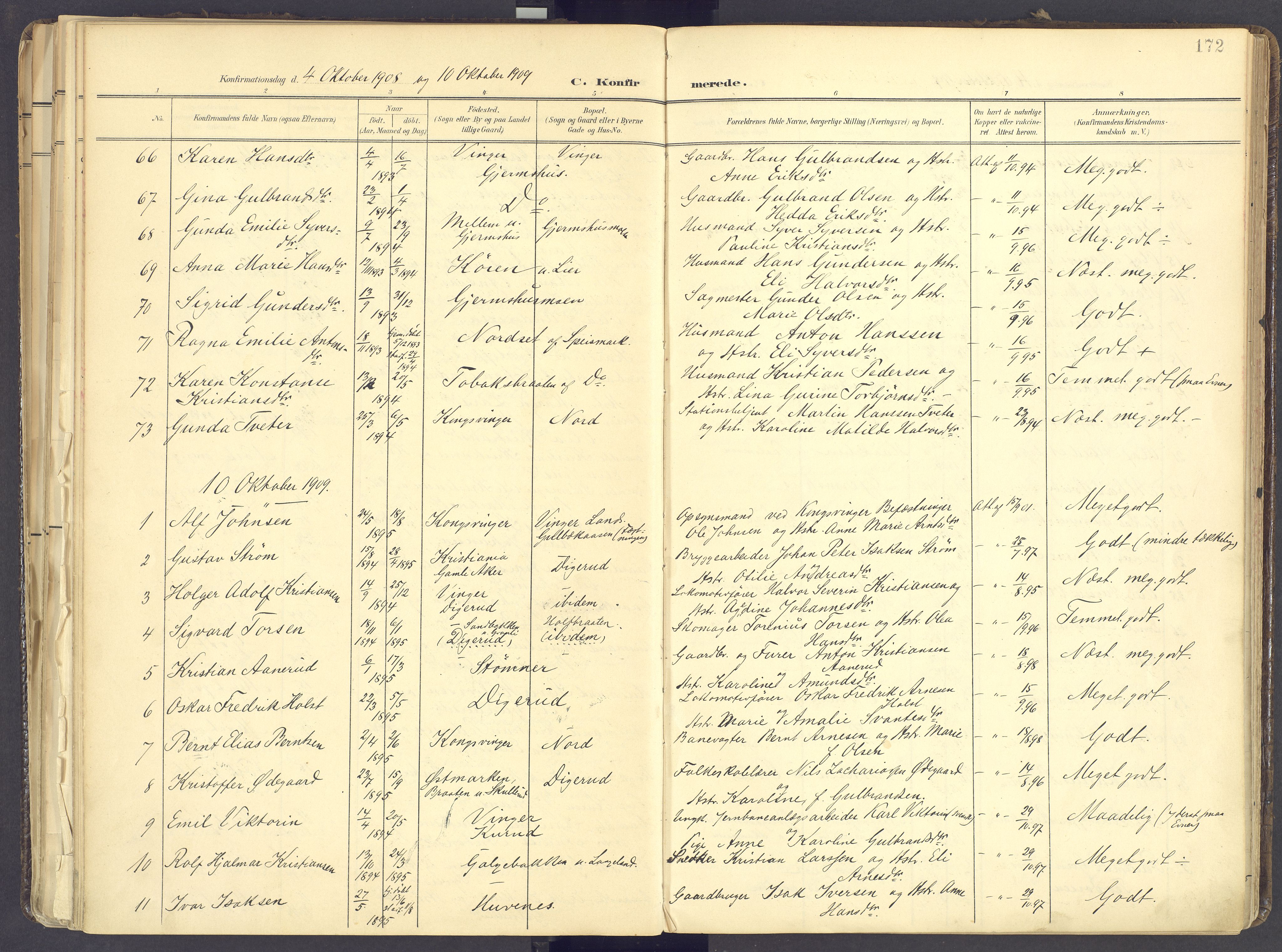 Vinger prestekontor, AV/SAH-PREST-024/H/Ha/Haa/L0017: Parish register (official) no. 17, 1901-1927, p. 172