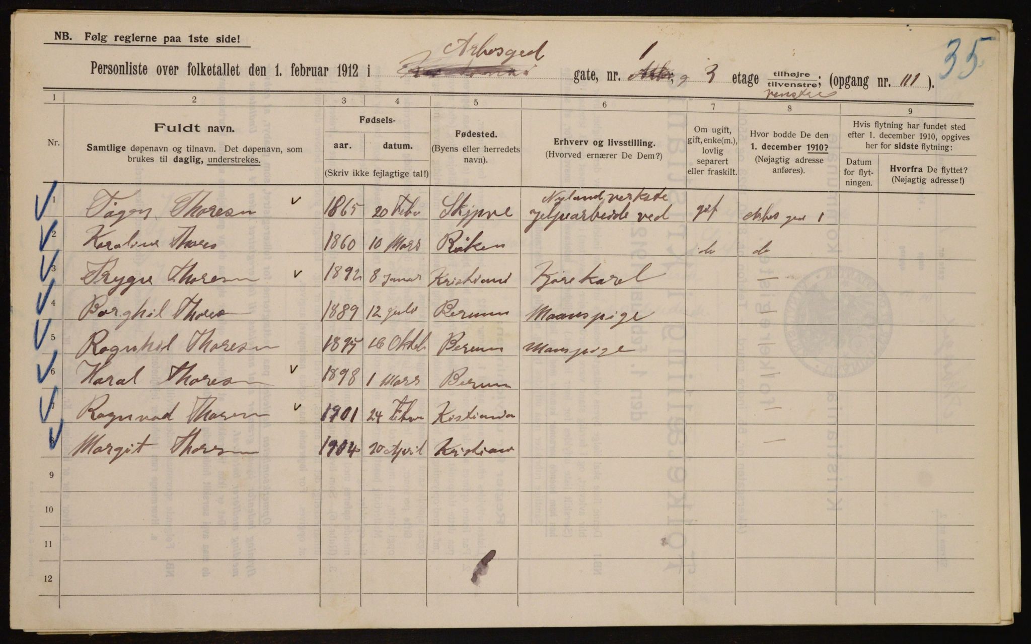 OBA, Municipal Census 1912 for Kristiania, 1912, p. 1666