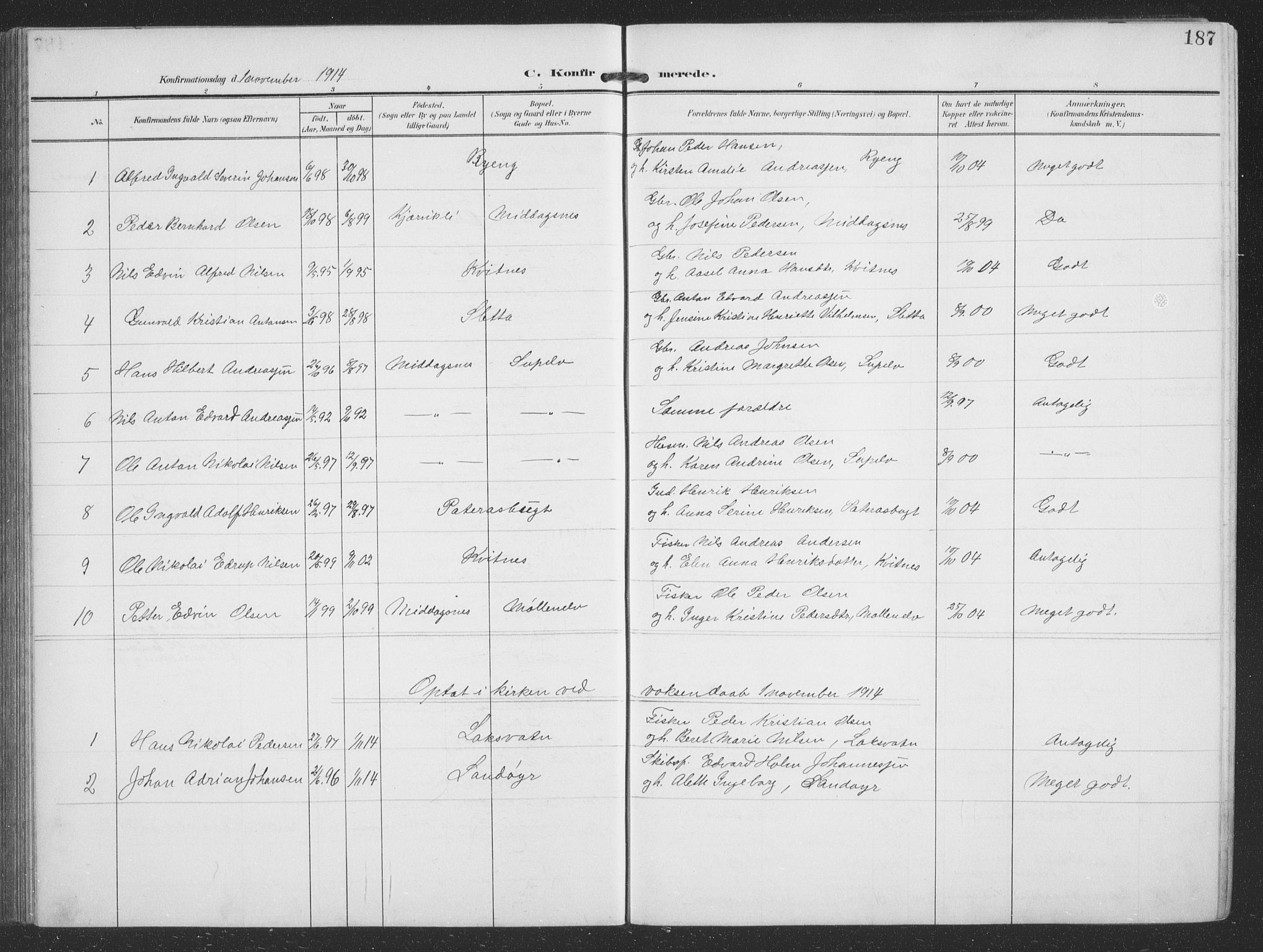 Balsfjord sokneprestembete, AV/SATØ-S-1303/G/Gab/L0009klokker: Parish register (copy) no. 9, 1906-1920, p. 187