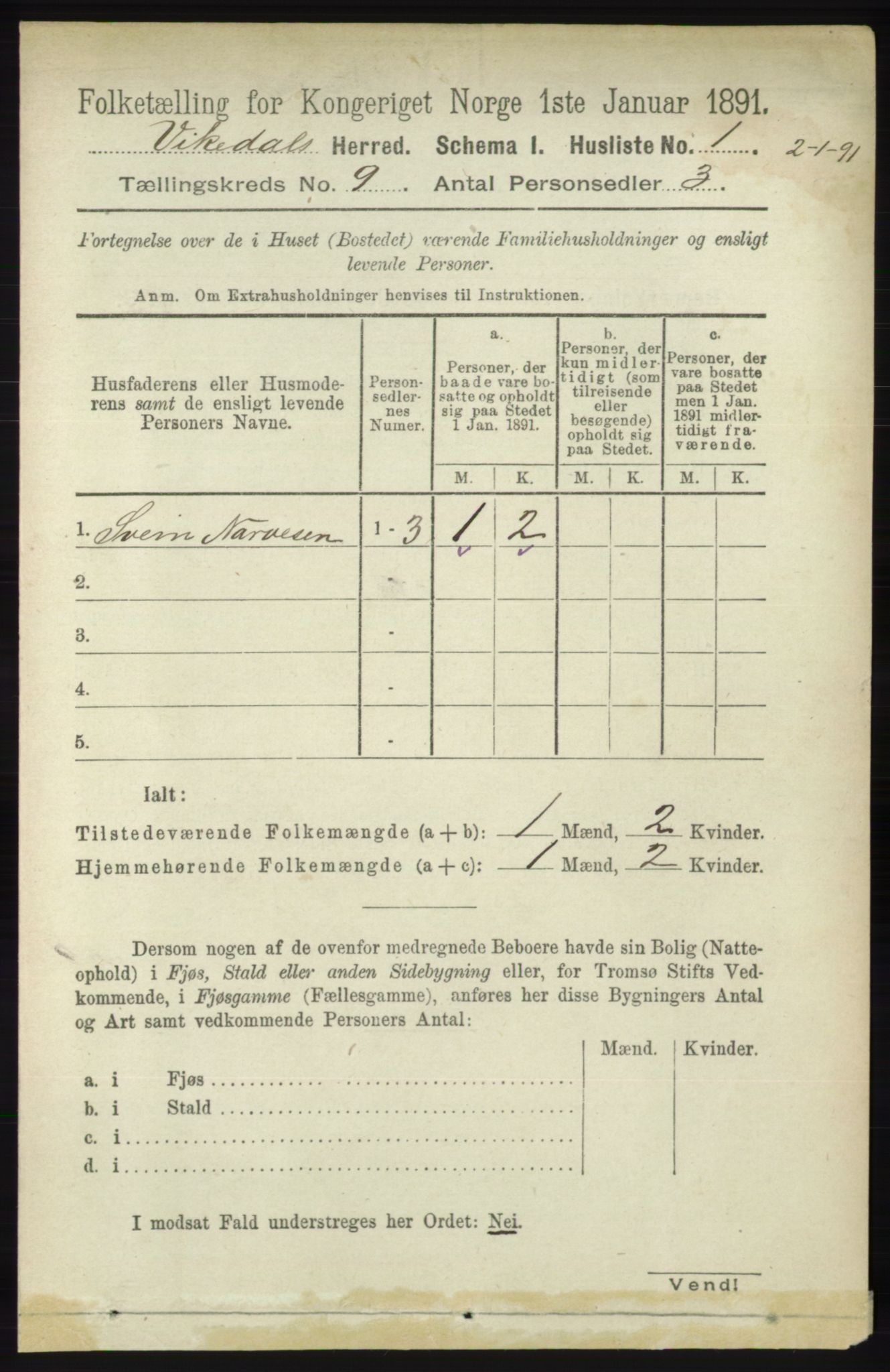 RA, 1891 census for 1157 Vikedal, 1891, p. 2344