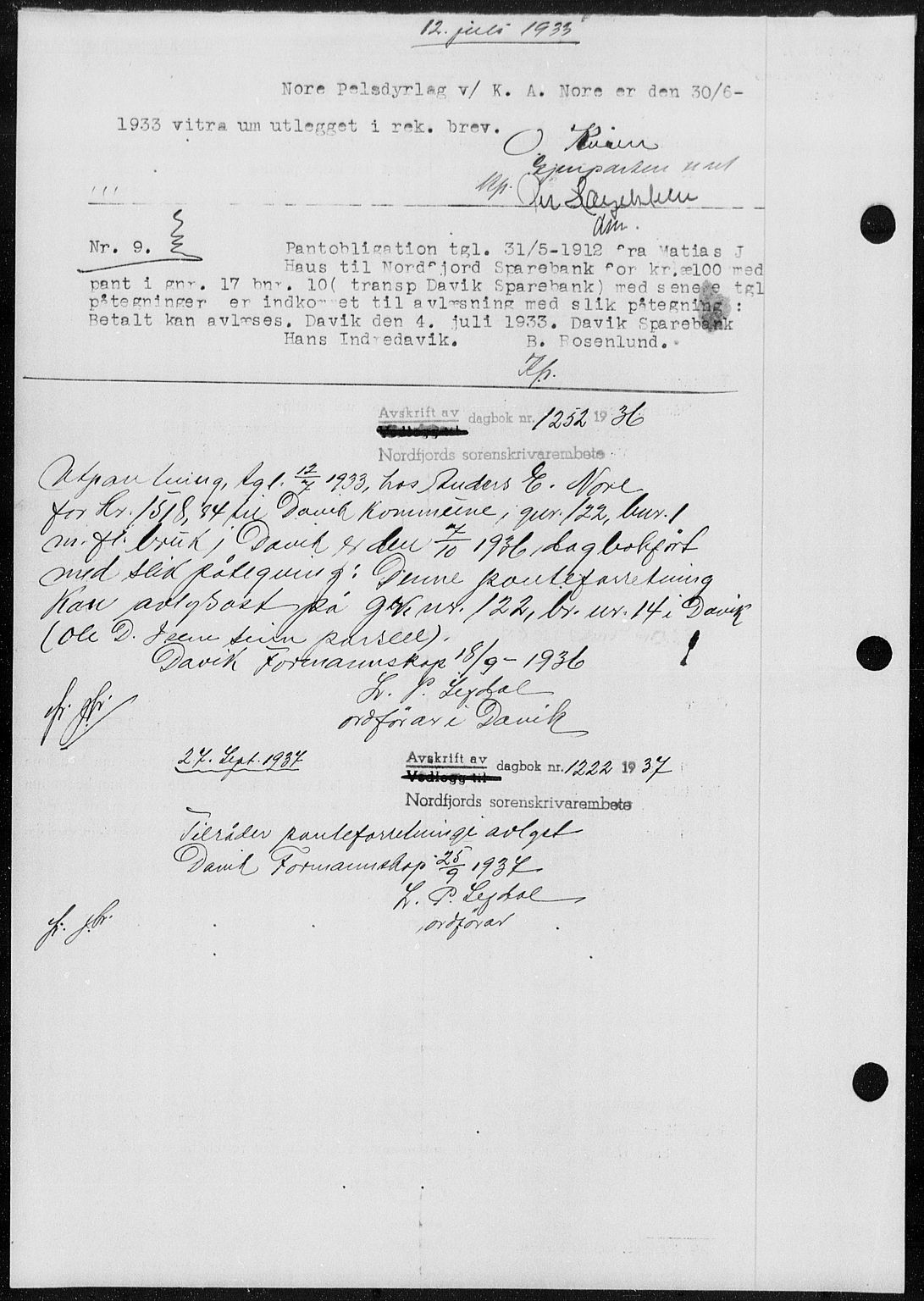 Nordfjord sorenskriveri, AV/SAB-A-2801/02/02b/02ba/L0077: Mortgage book no. II.B.a.77, 1933-1934, Deed date: 12.07.1933