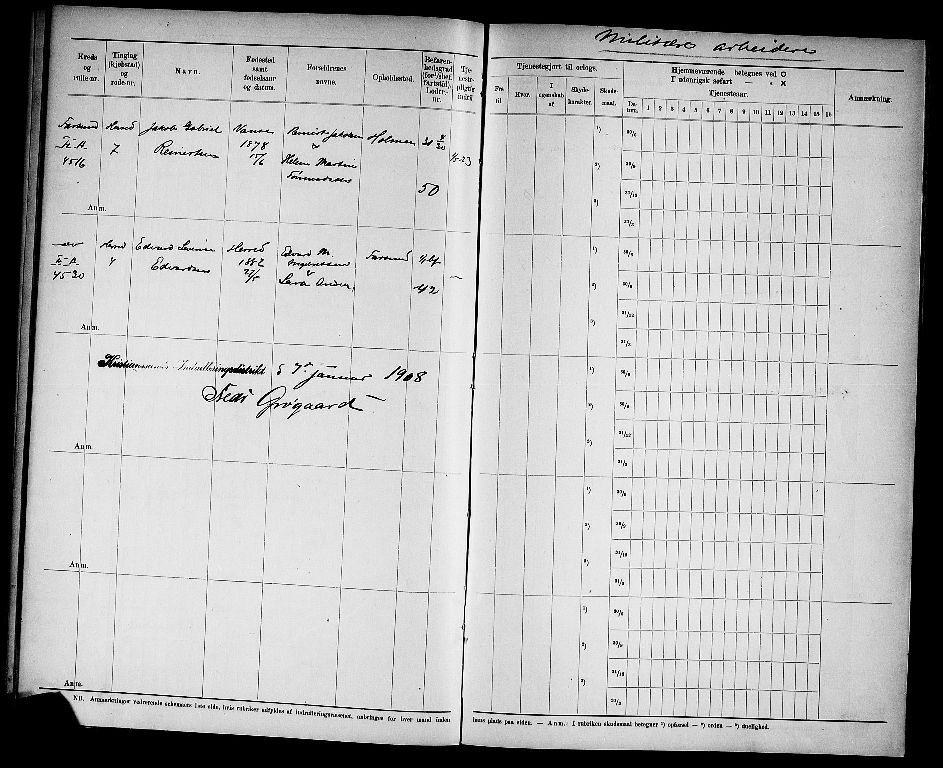 Kristiansand mønstringskrets, SAK/2031-0015/F/Fd/L0009: Rulle sjøvernepliktige, C-9, 1907, p. 38