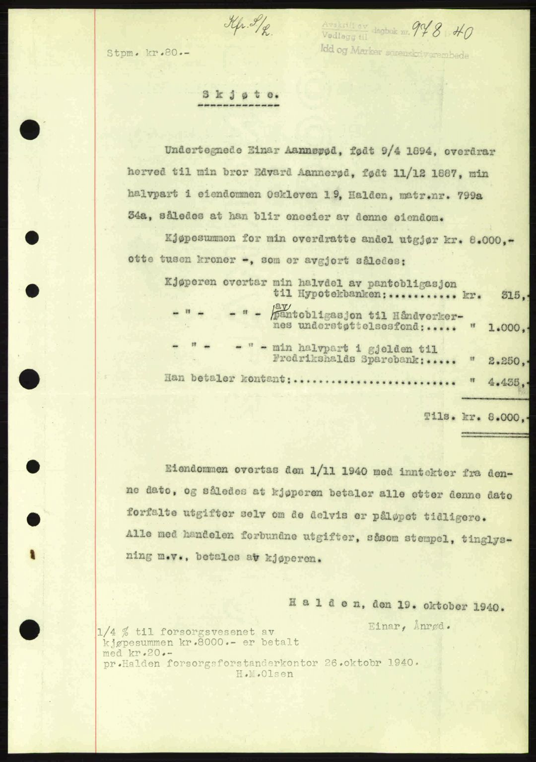 Idd og Marker sorenskriveri, AV/SAO-A-10283/G/Gb/Gbb/L0004: Mortgage book no. A4, 1940-1941, Diary no: : 978/1940